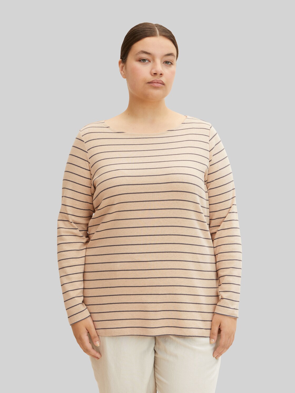 TOM TAILOR Damen Plus - Gestreiftes Langarmshirt, beige, Gr. 54,
