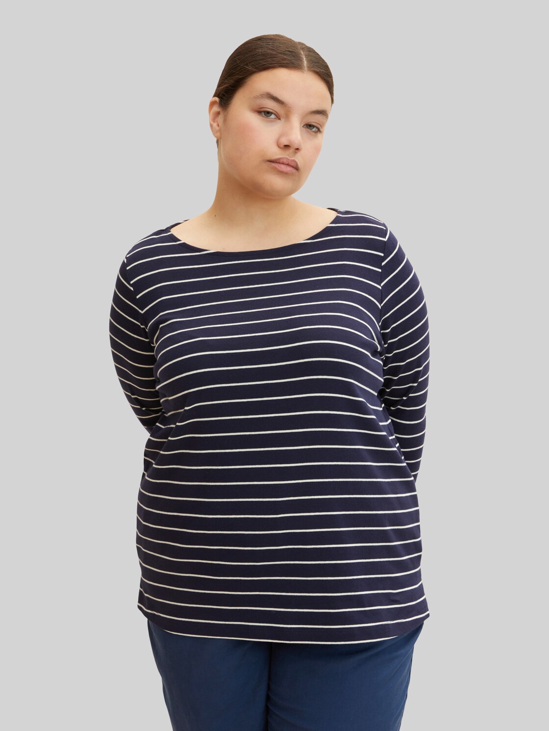 TOM TAILOR Damen Plus - Gestreiftes Langarmshirt, blau, Gr. 54,