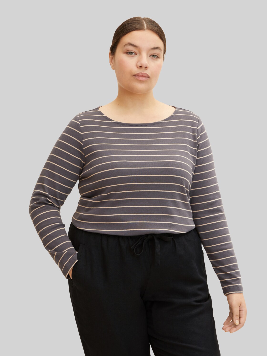 TOM TAILOR Damen Plus - Gestreiftes Langarmshirt, grau, Gr. 54,