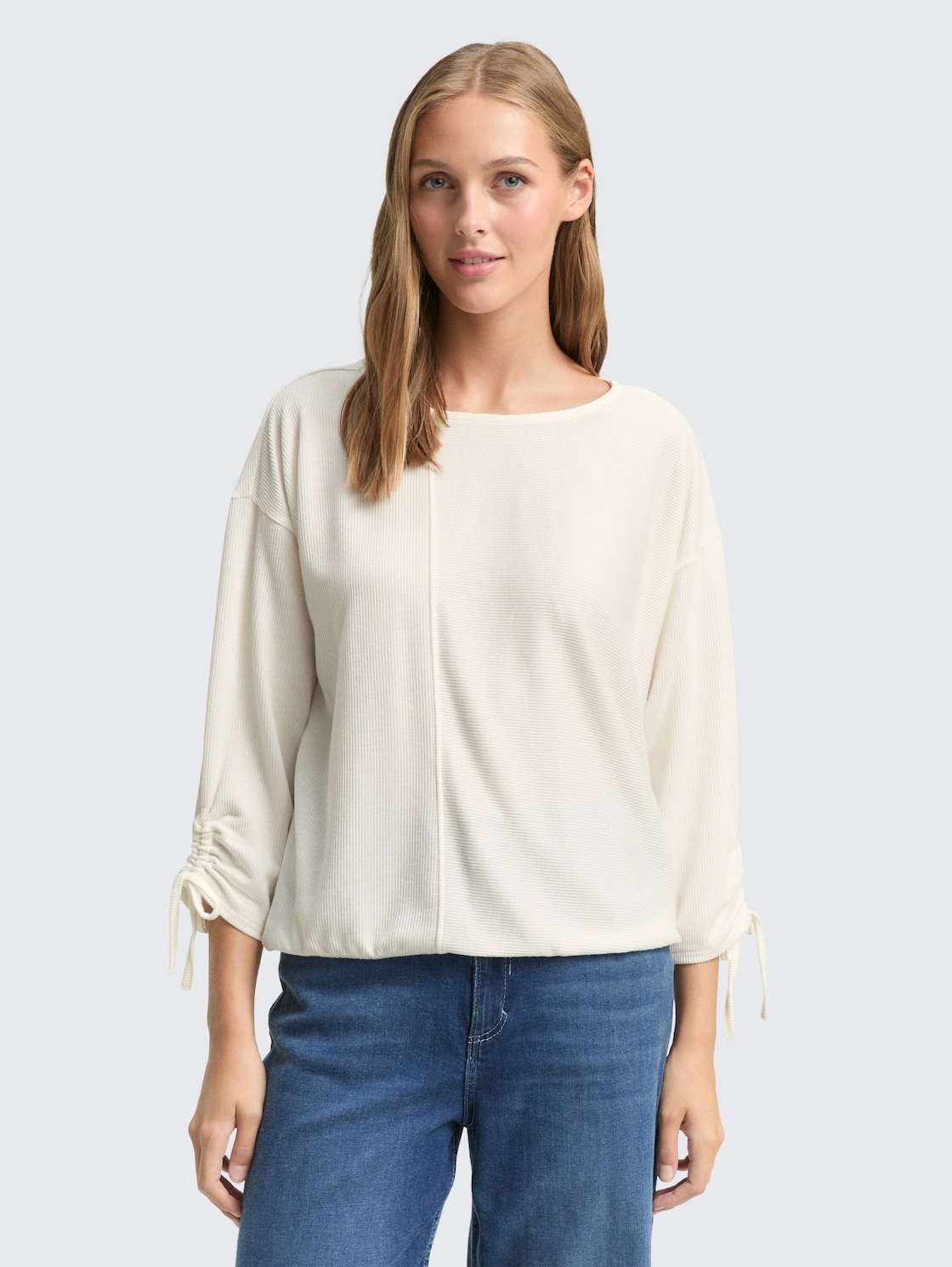 Thumbnail - TOM TAILOR DENIM Damen Loose Fit Langarmshirt mit Raffärmeln, weiß, Uni, Gr. M