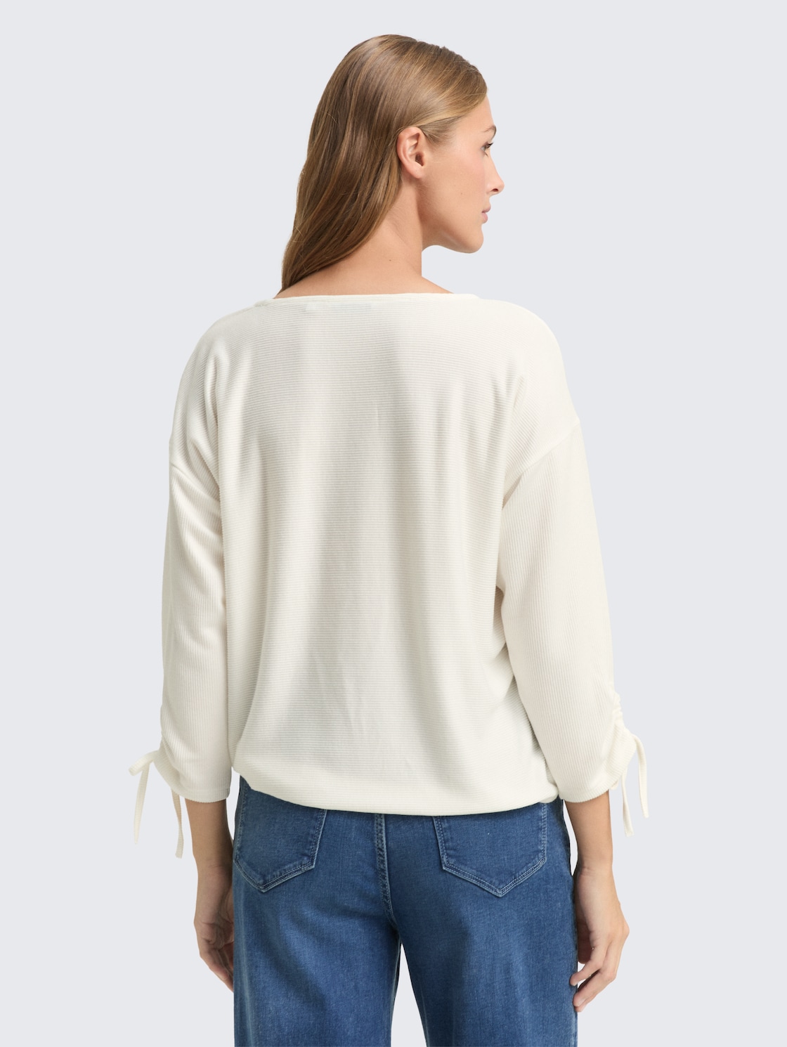 Thumbnail - TOM TAILOR DENIM Damen Loose Fit Langarmshirt mit Raffärmeln, weiß, Uni, Gr. M