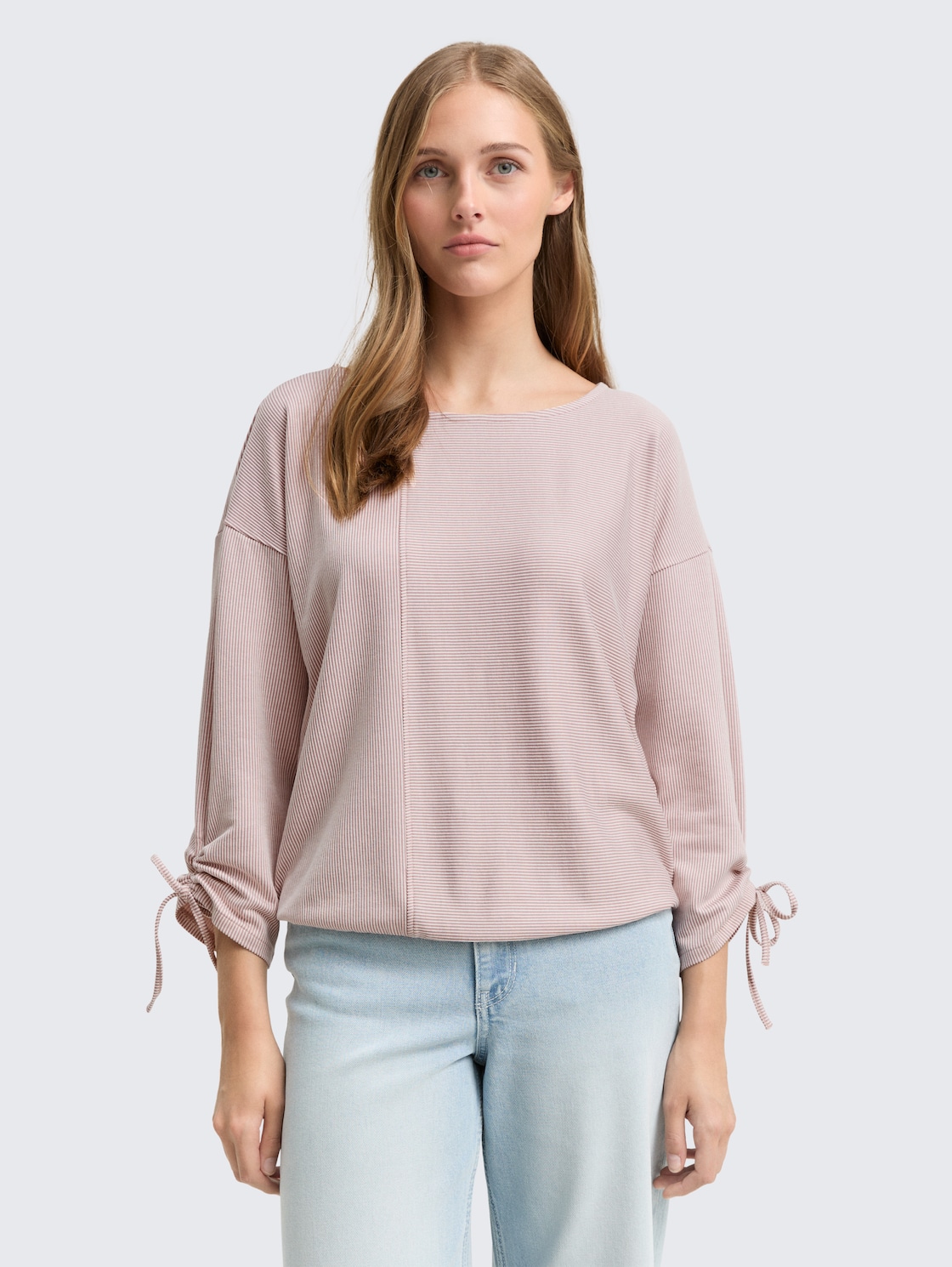 Thumbnail - TOM TAILOR DENIM Damen Loose Fit Langarmshirt mit Raffärmeln, rosa, Gestreift, Gr. L