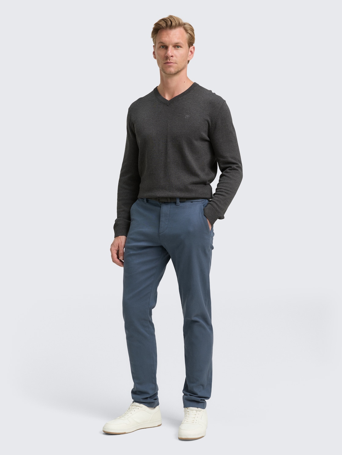 Thumbnail - TOM TAILOR Herren TTTRAVIS SLIM Chino Hose mit Gürtel, blau, Meliert, Gr. 34/32