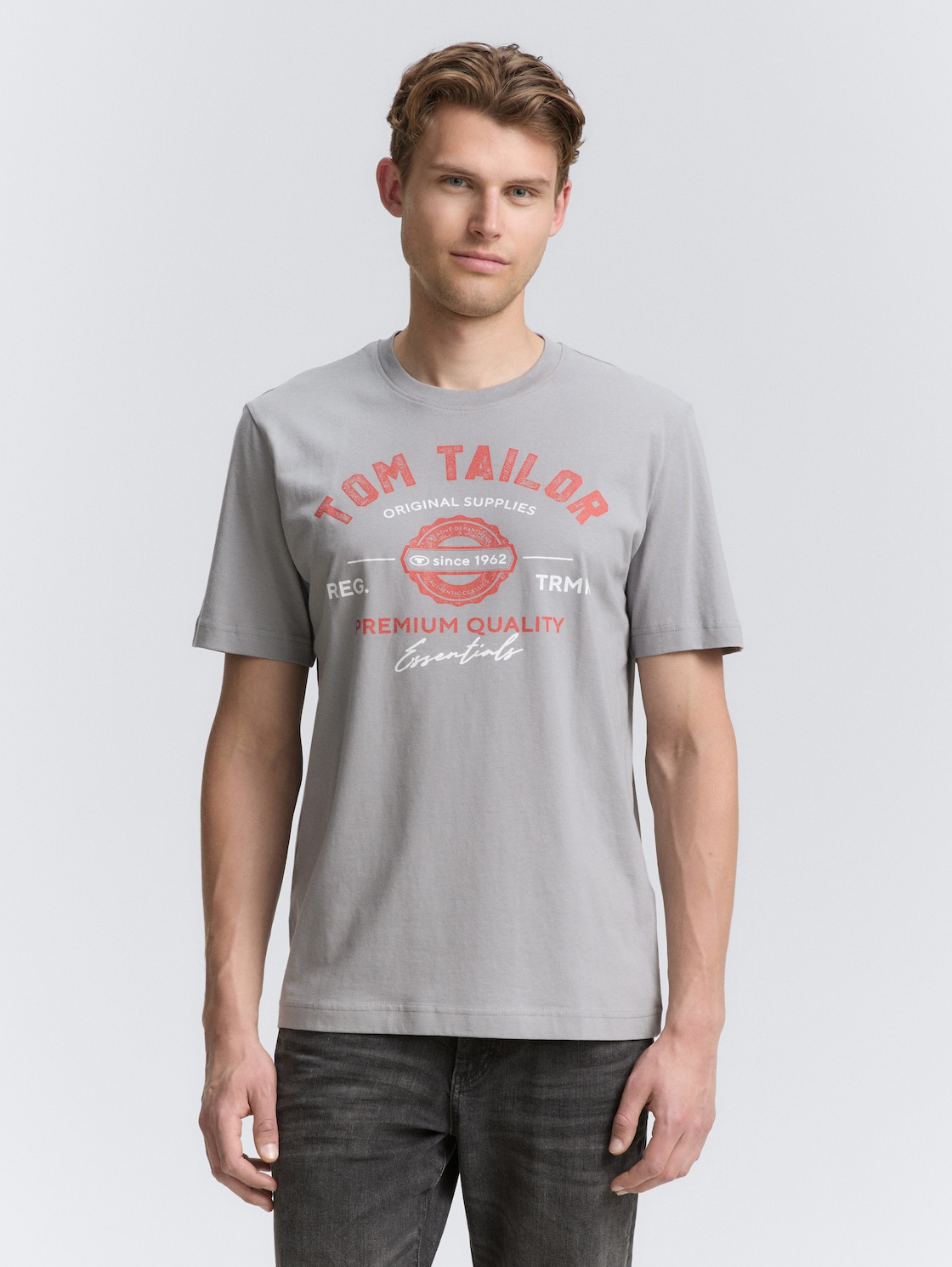 Thumbnail - TOM TAILOR Herren T-Shirt mit Logo-Print, grau, Logo Print, Gr. L