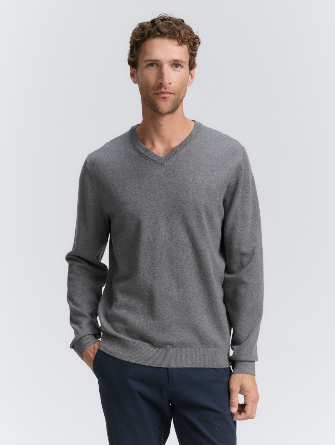 Thumbnail - TOM TAILOR Herren Strickpullover mit V-Ausschnitt aus Baumwolle, grau, Meliert, Gr. XL