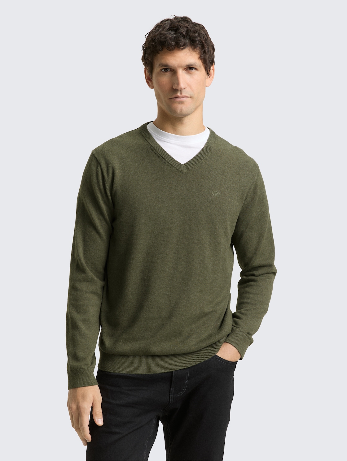 Thumbnail - TOM TAILOR Herren Strickpullover mit V-Ausschnitt aus Baumwolle, grün, Meliert, Gr. L