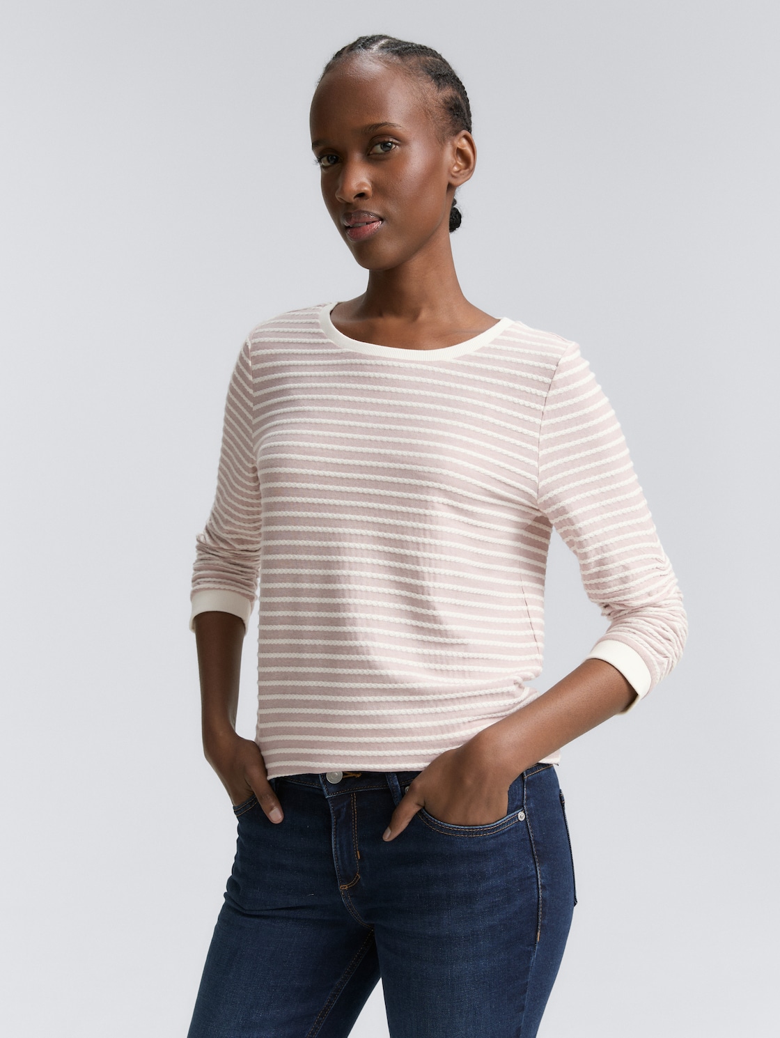 Thumbnail - TOM TAILOR DENIM Damen Sweatshirt mit Streifenmuster, rosa, Gestreift, Gr. XXL