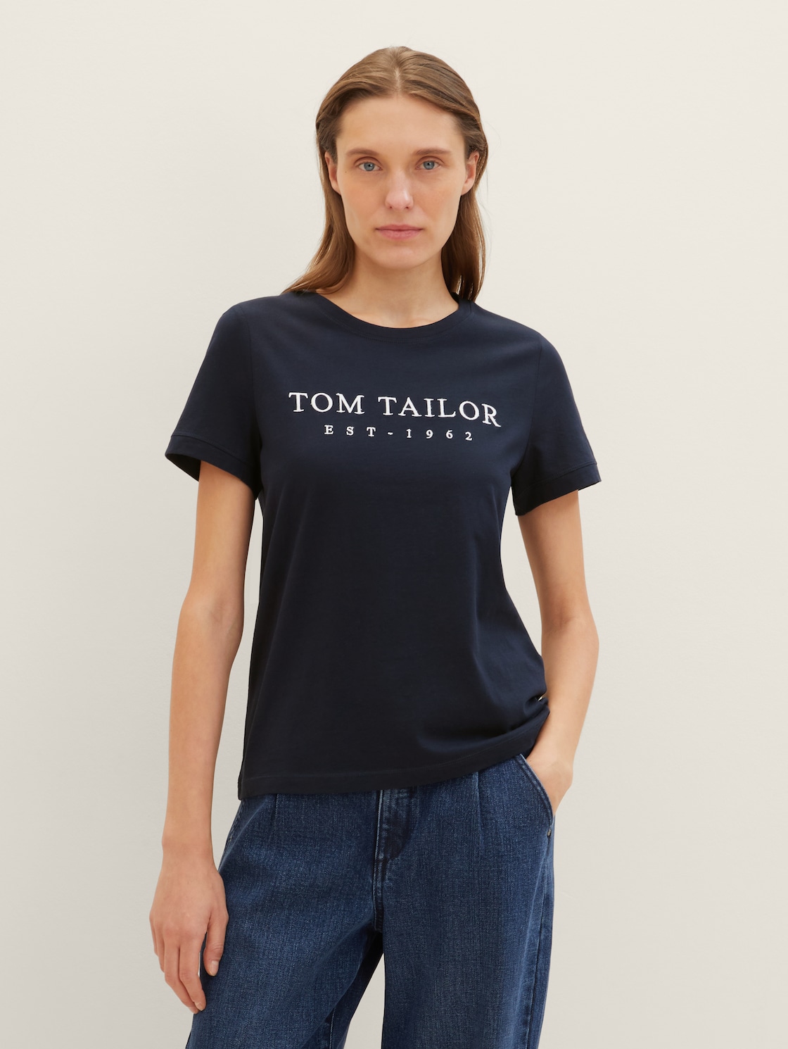 Thumbnail - TOM TAILOR Damen T-Shirt mit Logo-Stickerei, blau, Uni, Gr. M