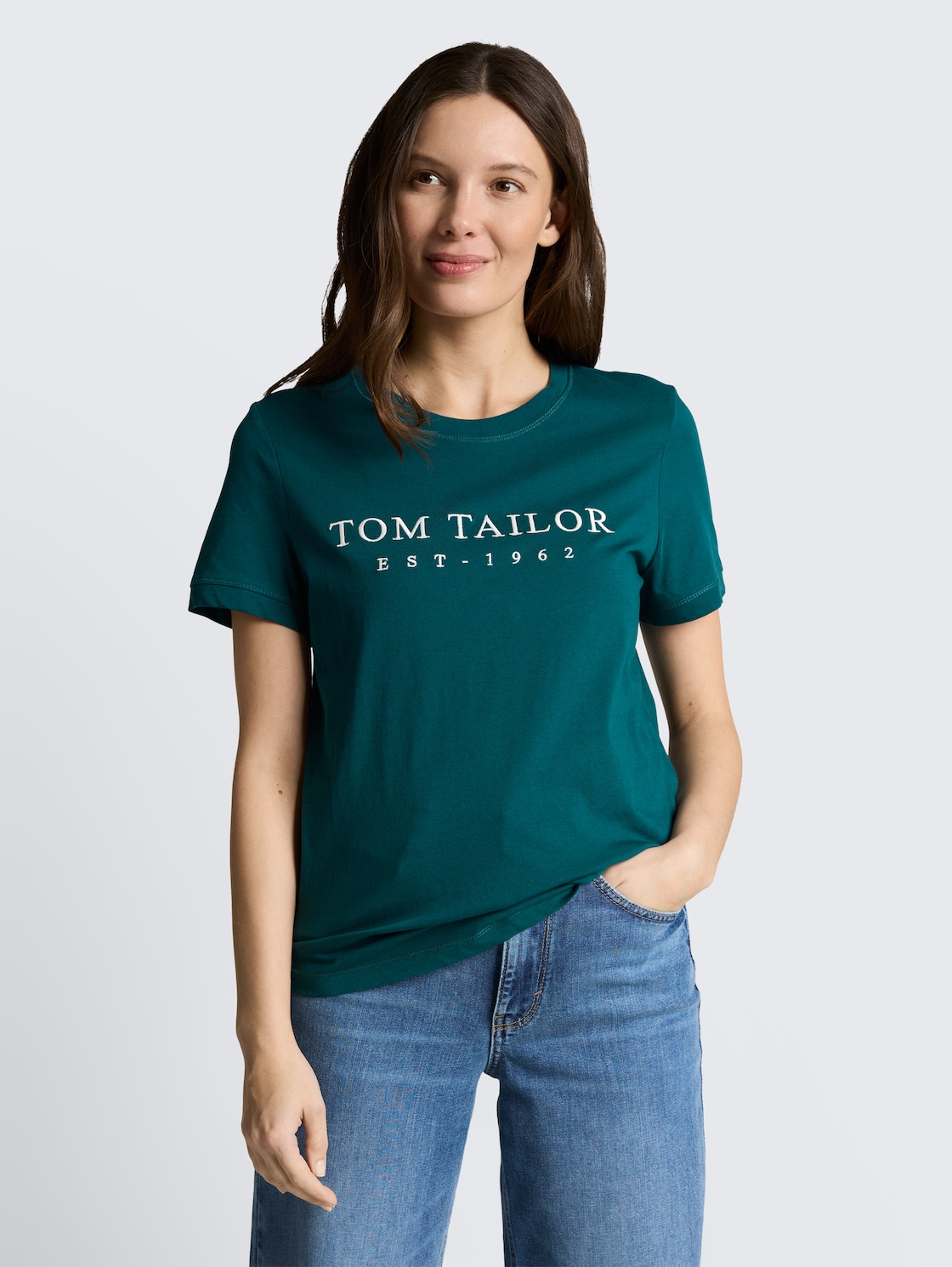 Thumbnail - TOM TAILOR Damen T-Shirt mit Logo-Stickerei, grün, Uni, Gr. S