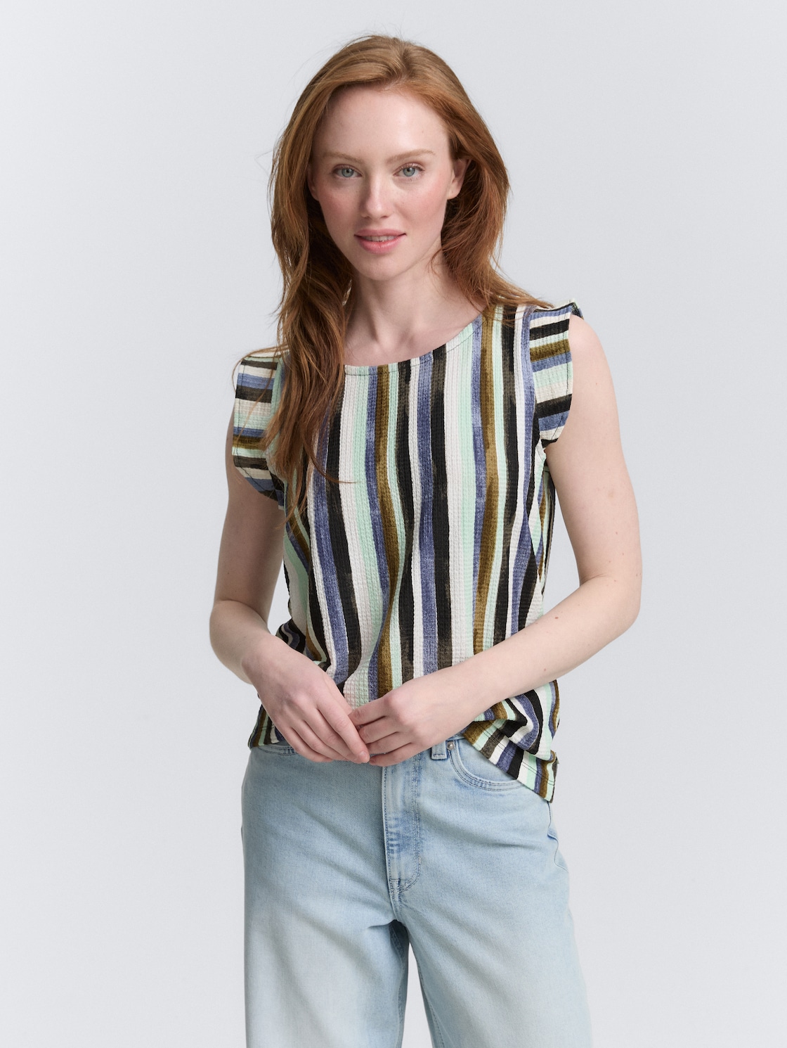 Thumbnail - TOM TAILOR DENIM Damen Loose Fit Top mit Volantärmeln, grün, Gestreift, Gr. XL