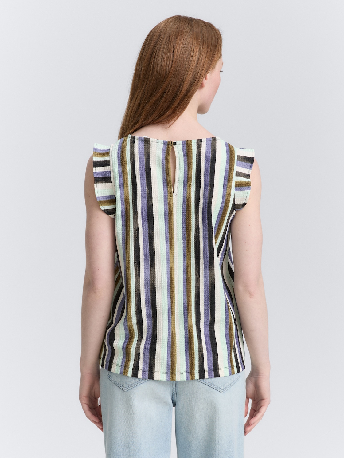 Thumbnail - TOM TAILOR DENIM Damen Loose Fit Top mit Volantärmeln, grün, Gestreift, Gr. XL