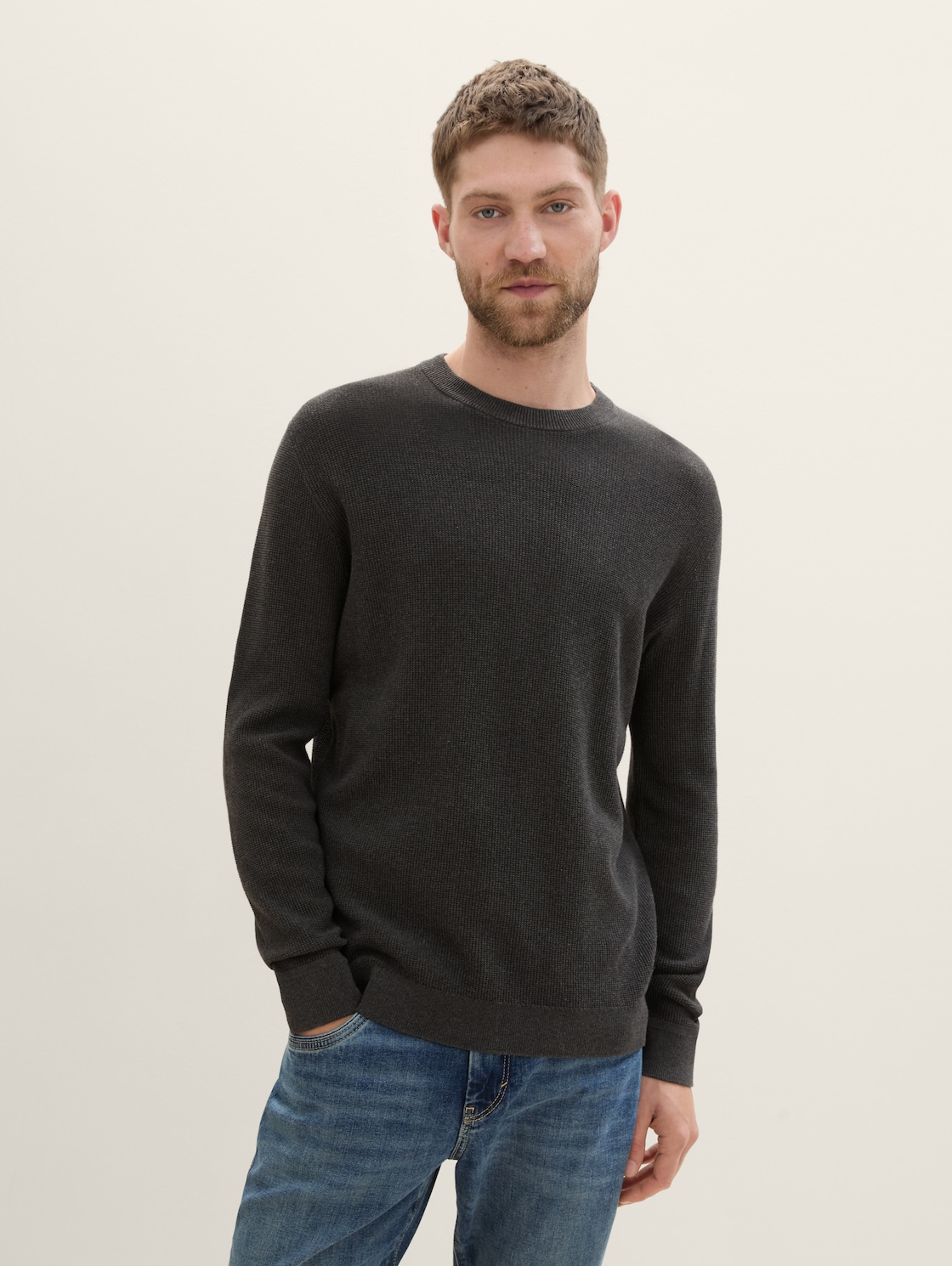Thumbnail - TOM TAILOR Herren Strickpullover aus Baumwolle, schwarz, Uni, Gr. S