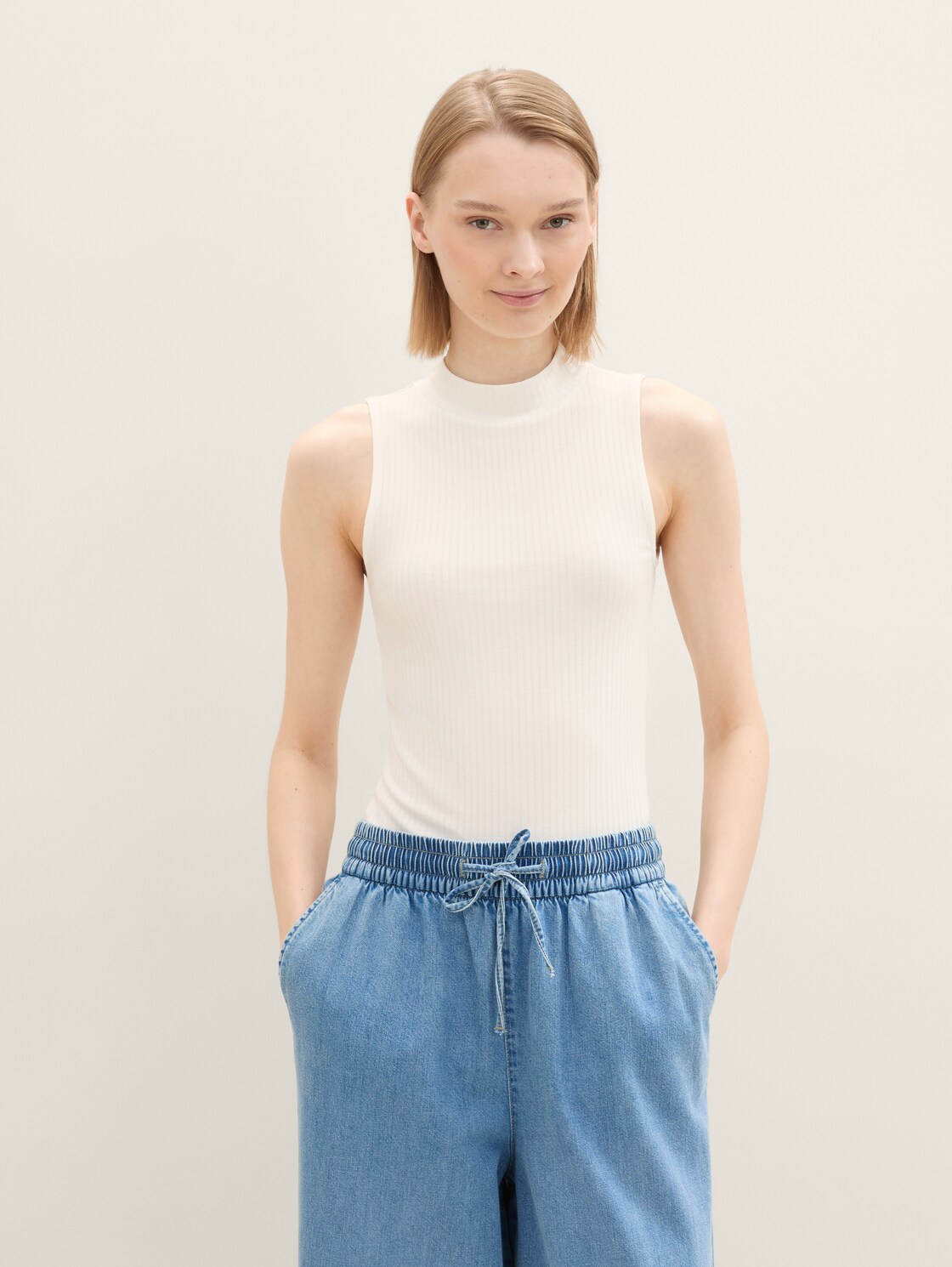 Thumbnail - TOM TAILOR DENIM Damen Ripp Top mit Stehkragen, weiß, Uni, Gr. XXL