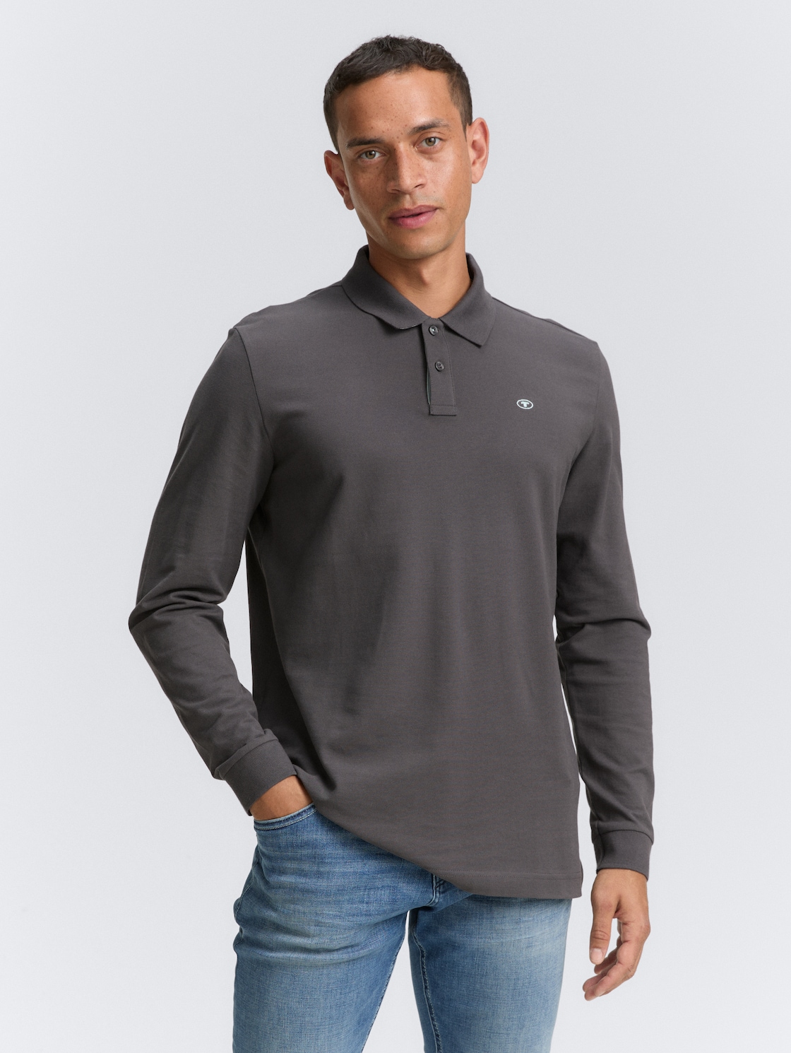 Thumbnail - TOM TAILOR Herren Longsleeve Piqué Poloshirt, grau, Uni, Gr. S