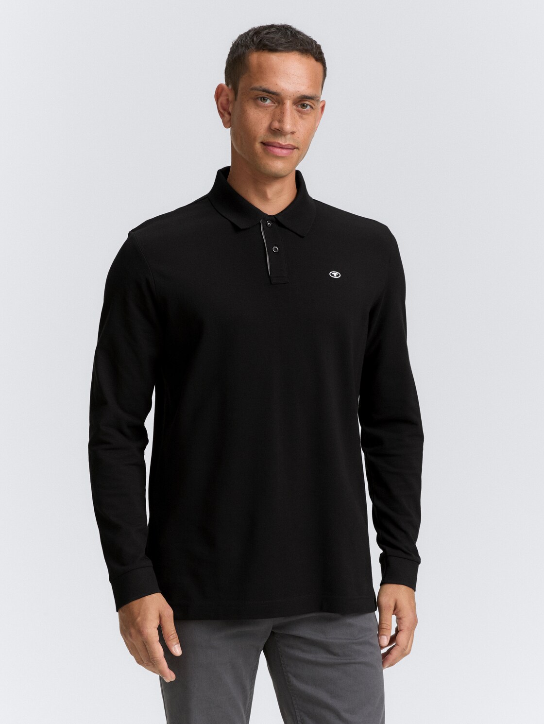 Thumbnail - TOM TAILOR Herren Longsleeve Piqué Poloshirt, schwarz, Uni, Gr. M