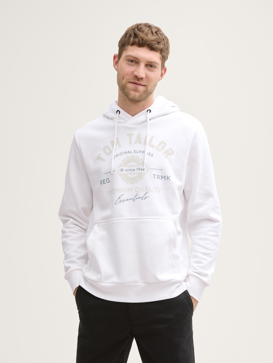 Thumbnail - TOM TAILOR Herren Hoodie Sweatshirt mit Logo-Print, weiß, Uni, Gr. XXL
