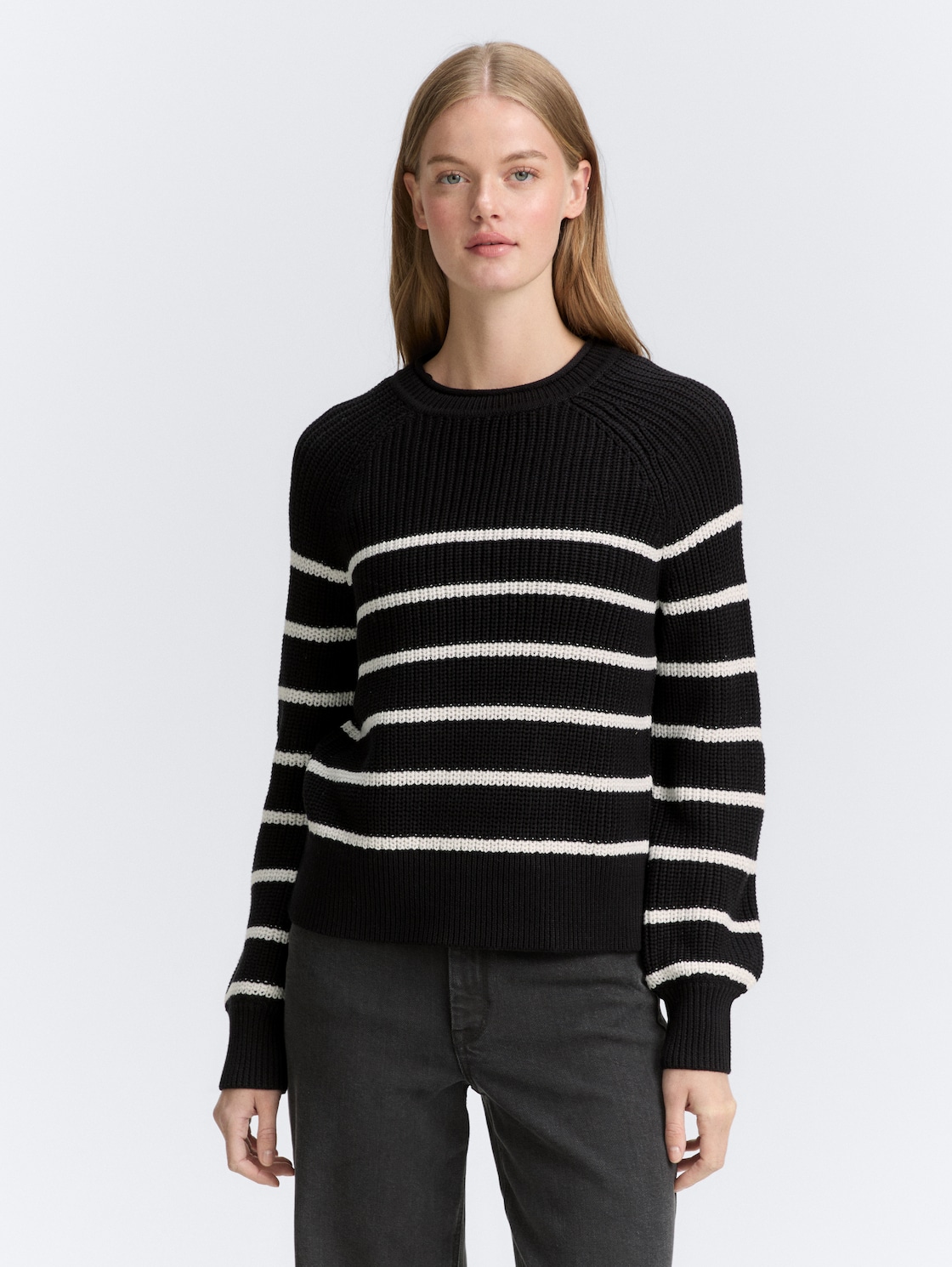 Thumbnail - TOM TAILOR DENIM Damen Strickpullover mit leichten Ballonärmeln, schwarz, Gestreift, Gr. L