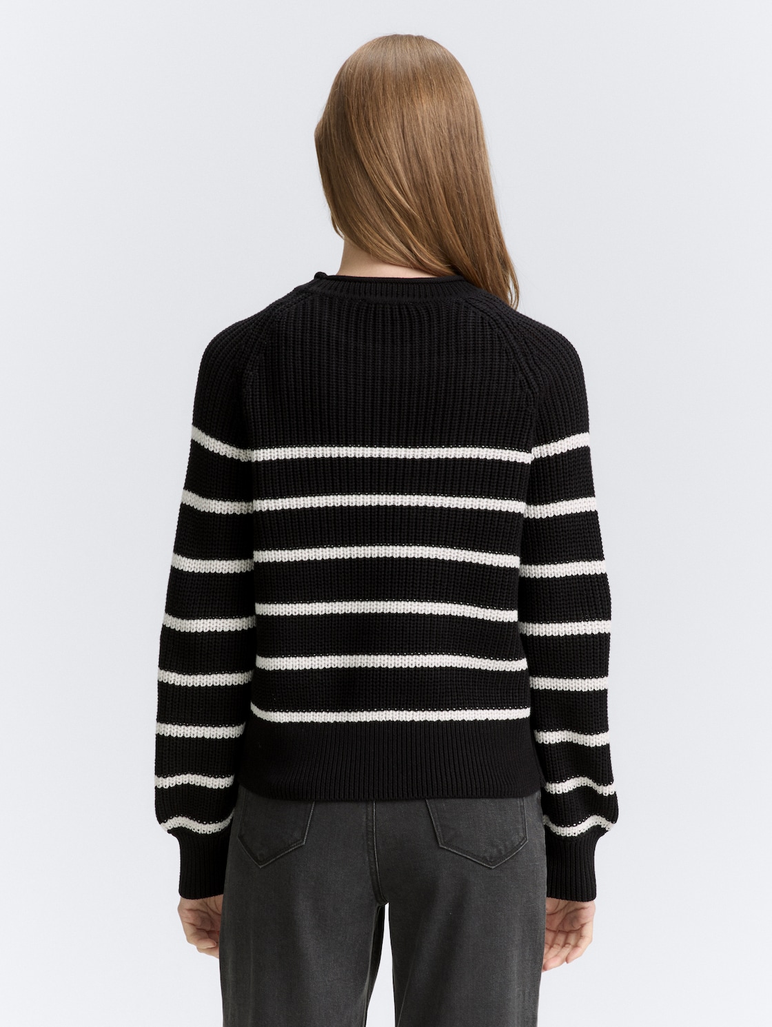 Thumbnail - TOM TAILOR DENIM Damen Strickpullover mit leichten Ballonärmeln, schwarz, Gestreift, Gr. L
