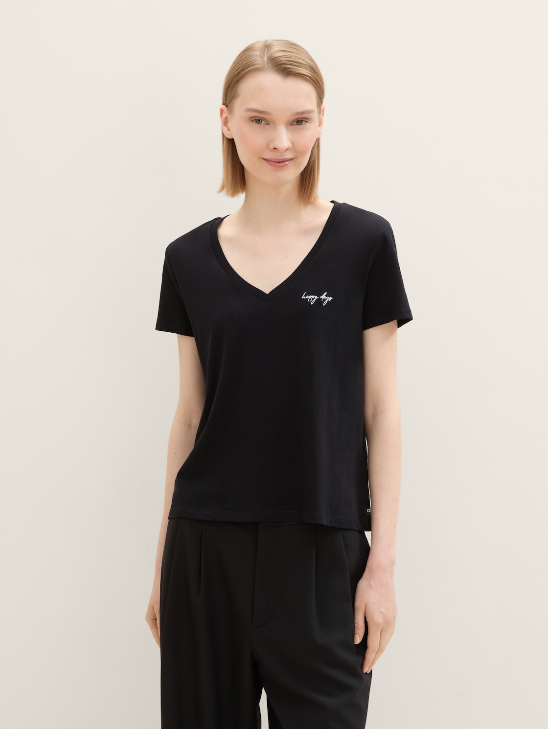 Thumbnail - TOM TAILOR DENIM Damen T-Shirt mit V-Ausschnitt im 2er-Pack, schwarz, Uni, Gr. M