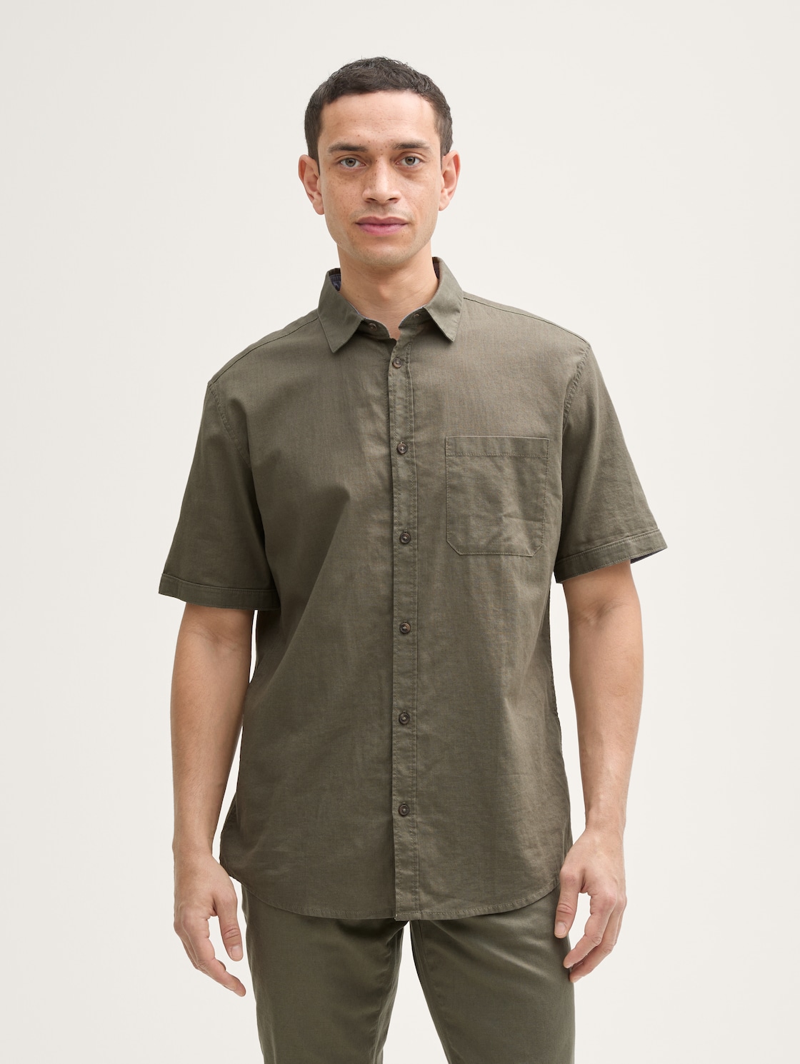 Thumbnail - TOM TAILOR Herren Regular Fit Kurzarmhemd mit Leinenanteil, grün, Uni, Gr. XS