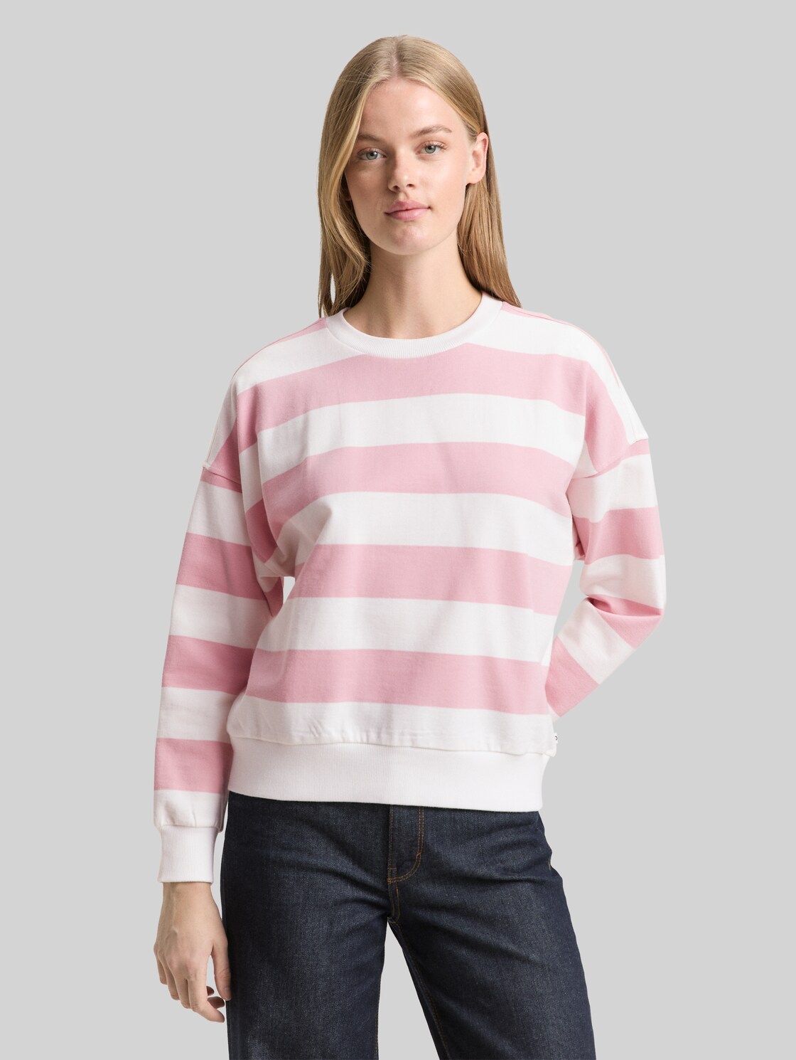  Tom Tailor Denim Damen Loose Fit Sweatshirt, Rosa, Gestreift, Gr. Xxl 