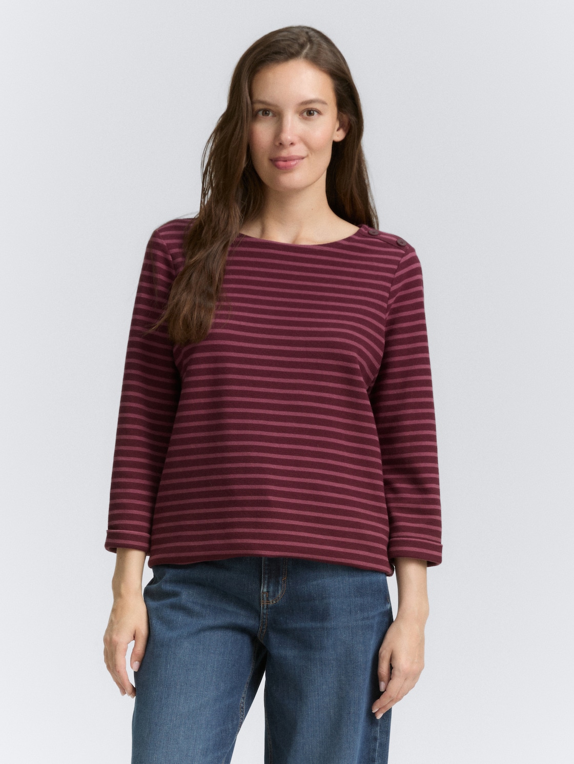 Thumbnail - TOM TAILOR Damen Langarmshirt mit Knopf-Details, rot, Gestreift, Gr. XS