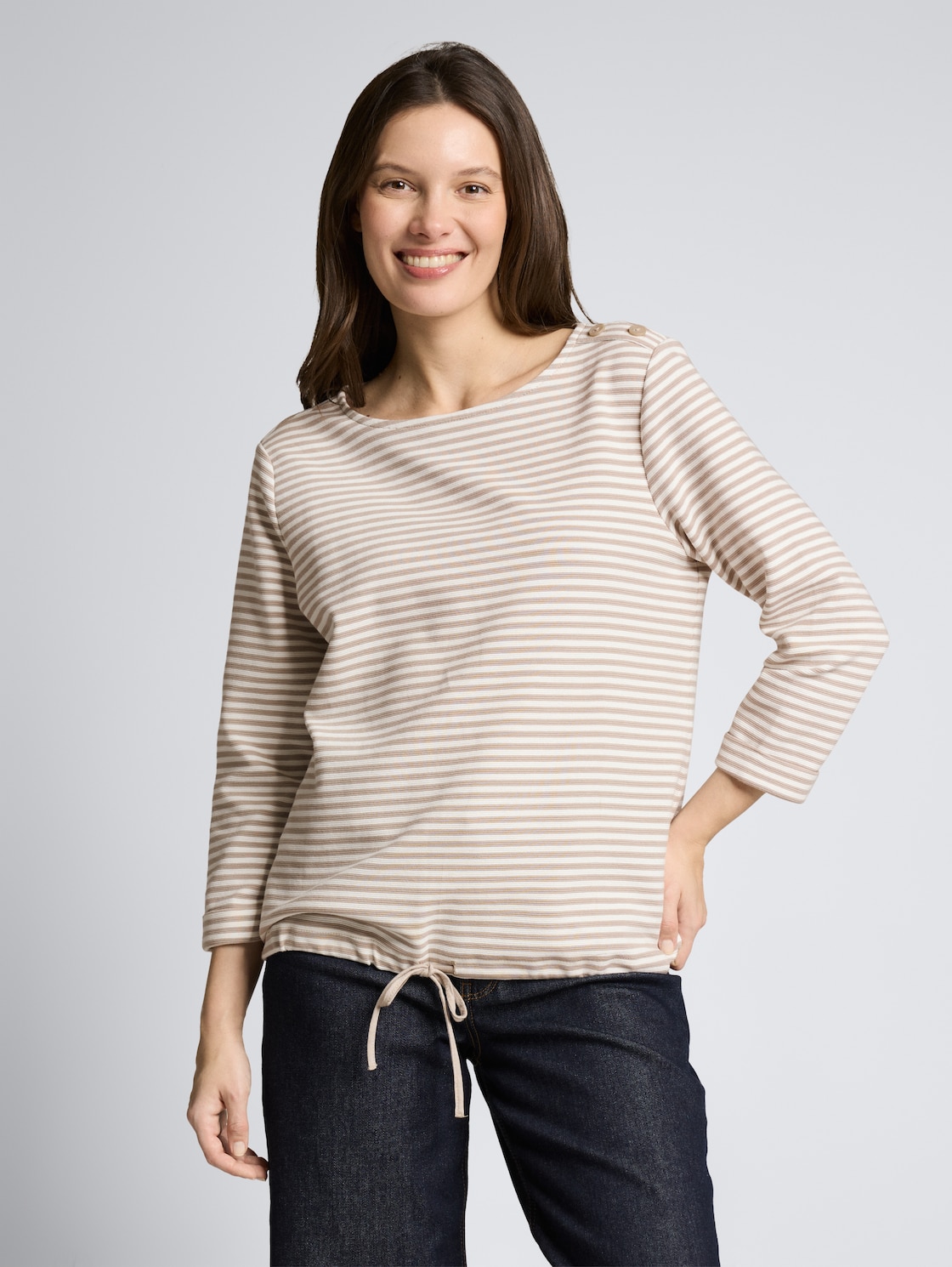 Thumbnail - TOM TAILOR Damen Langarmshirt mit Knopf-Details, beige, Gestreift, Gr. XS