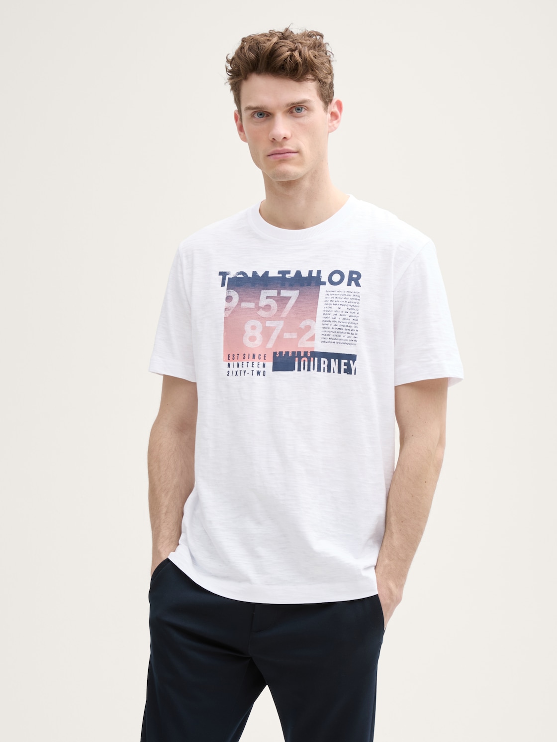 Thumbnail - TOM TAILOR Herren T-Shirt aus Baumwolle mit Print, weiß, Uni, Gr. XL