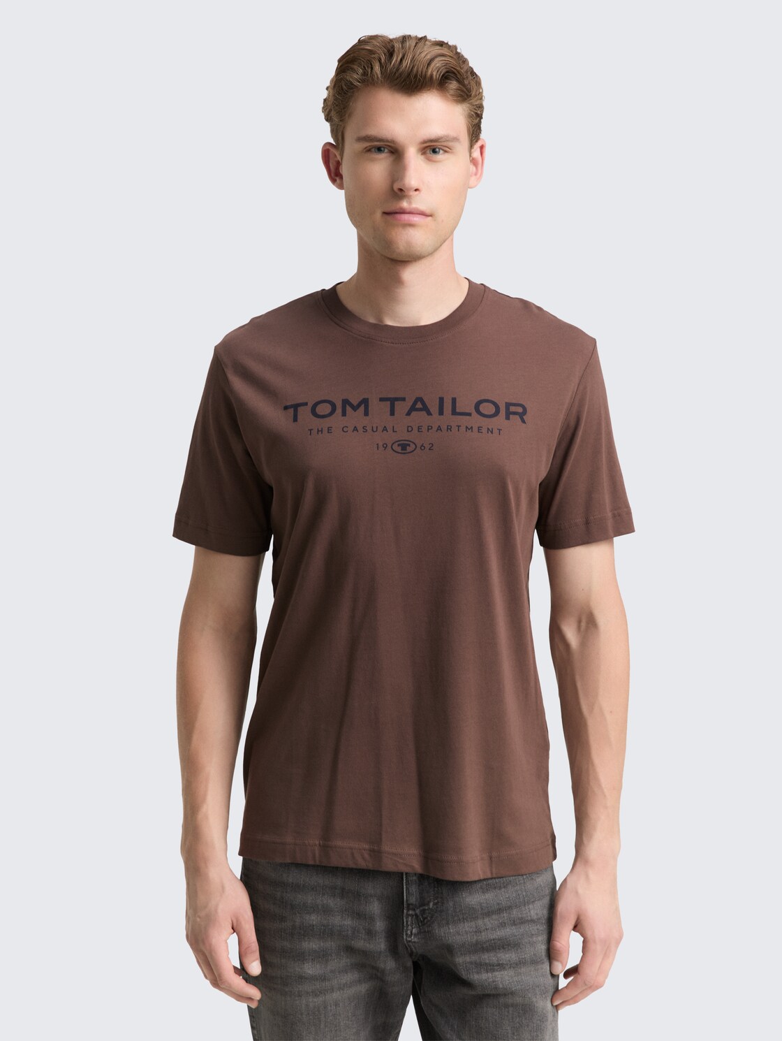 Thumbnail - TOM TAILOR Herren T-Shirt aus Baumwolle mit Logo-Print, braun, Uni, Gr. L