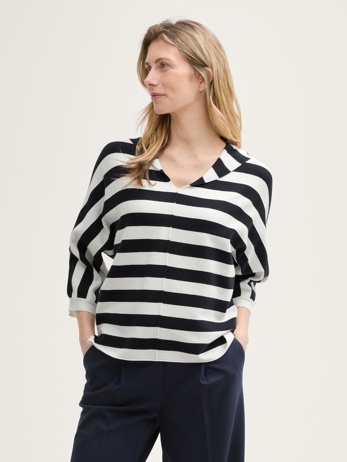 Thumbnail - TOM TAILOR Damen Loose Fit Strickpullover mit Kapuze, blau, Gestreift, Gr. S