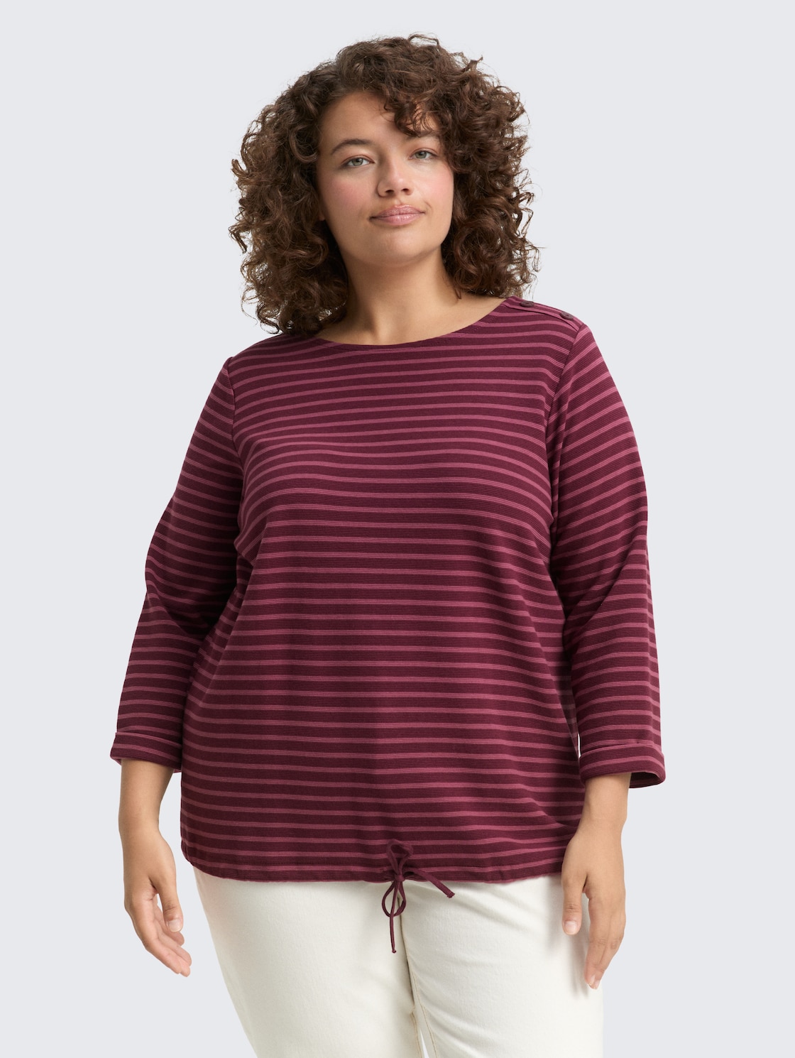 Thumbnail - TOM TAILOR Damen Plus Size - Langarmshirt mit Knopf-Details, rot, Gestreift, Gr. 46