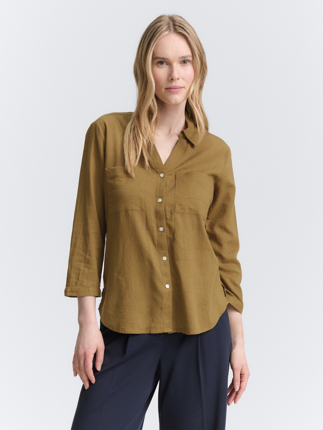 Thumbnail - TOM TAILOR Damen Hemdbluse mit Leinenanteil, grün, Uni, Gr. 40