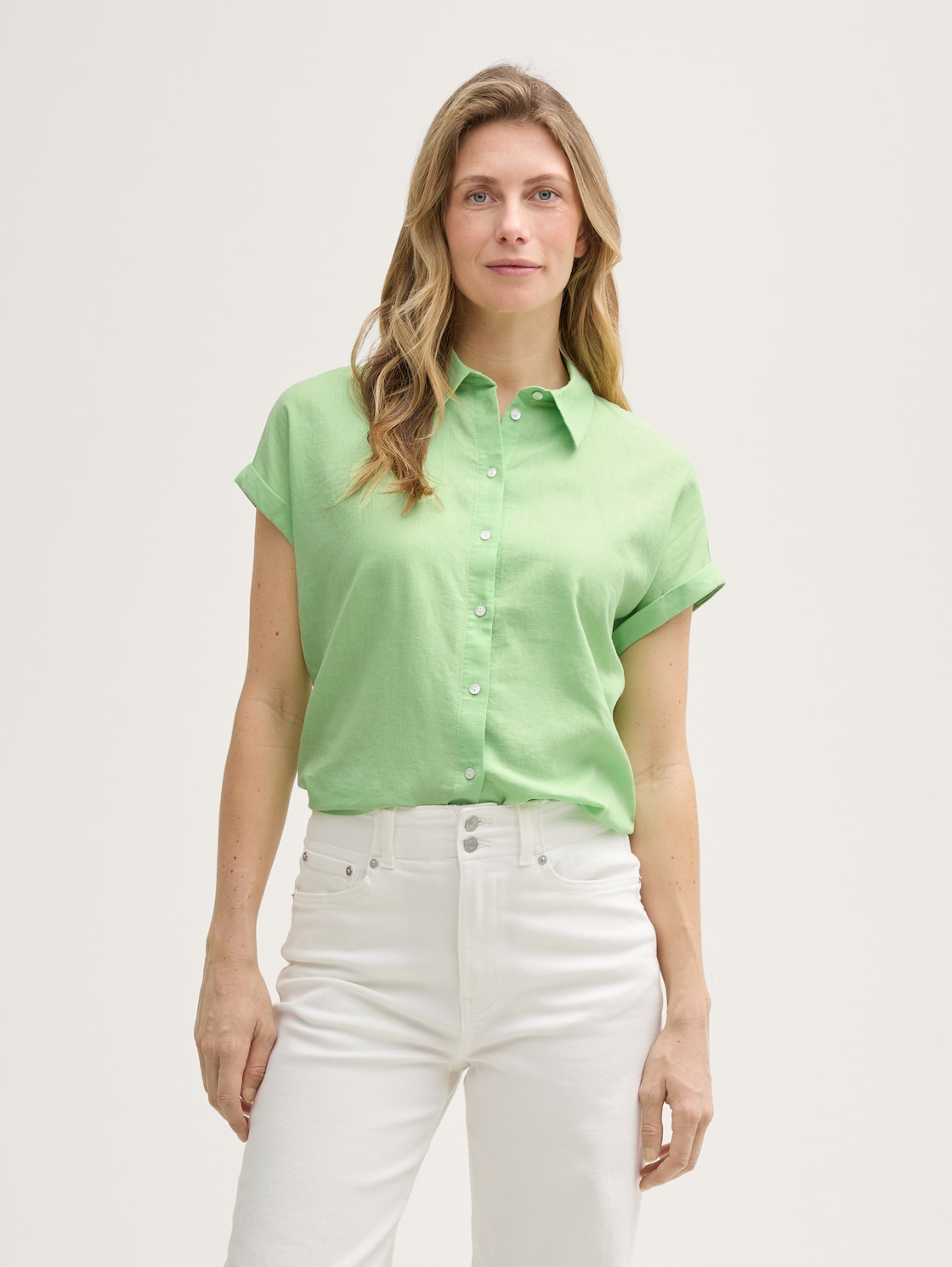 Thumbnail - TOM TAILOR Damen Loose Fit Bluse mit Leinenanteil, grün, Uni, Gr. 36