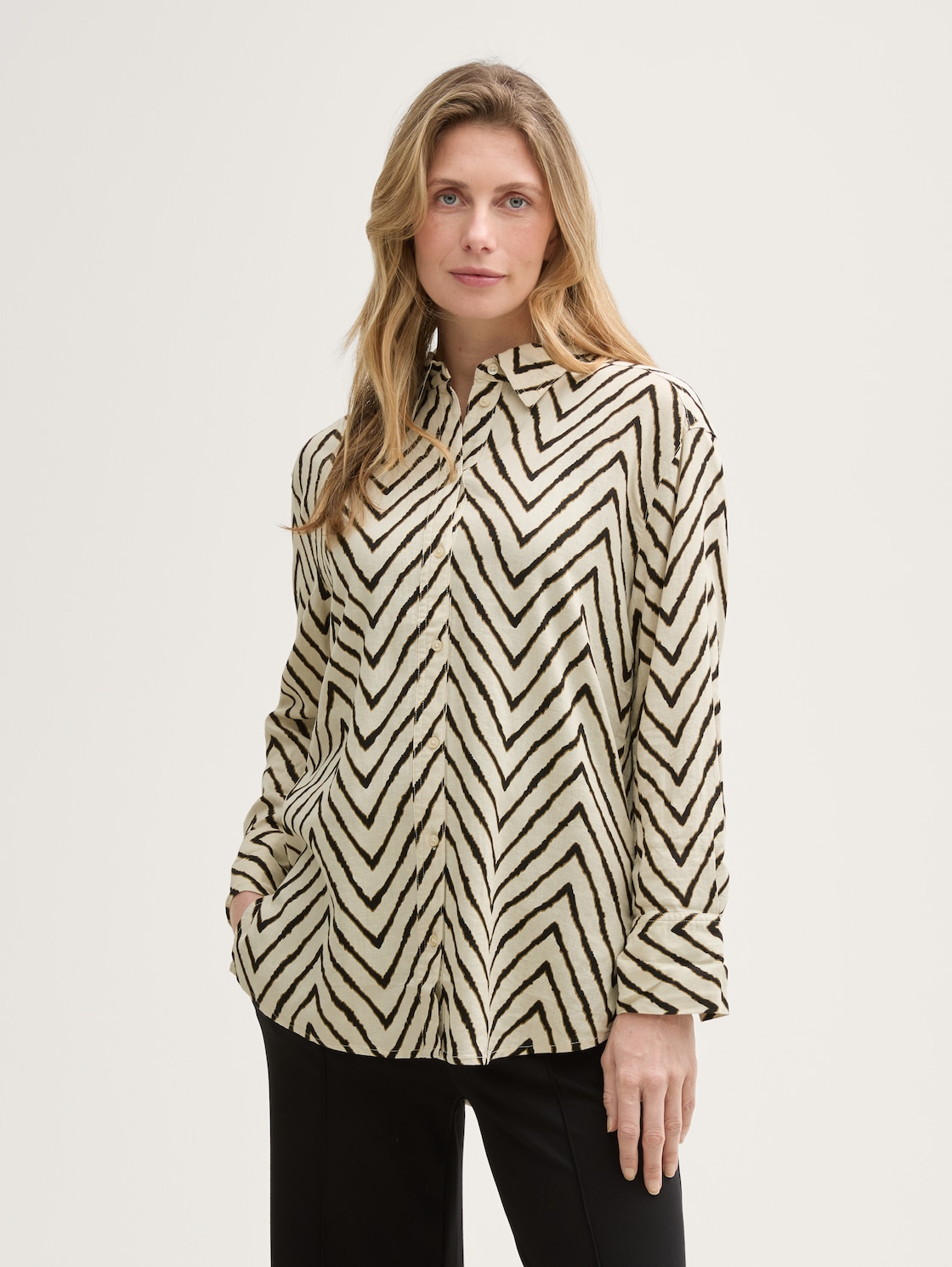 Thumbnail - TOM TAILOR Damen Oversize Bluse mit Leinenanteil, beige, Gemustert, Gr. 36
