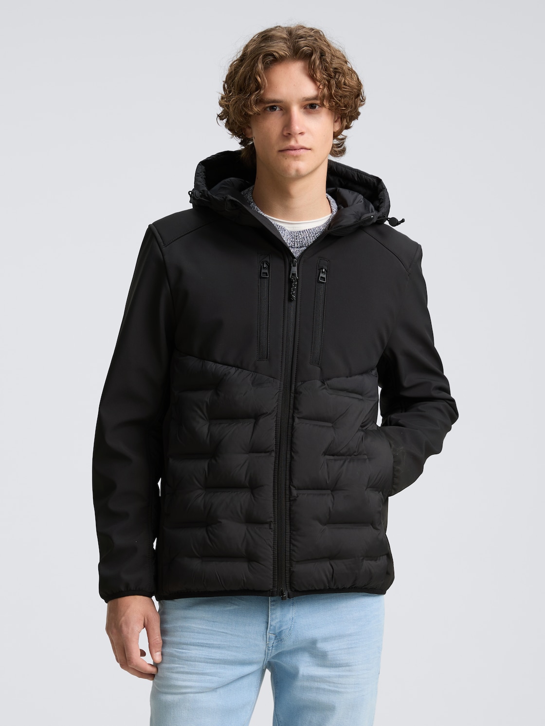 Thumbnail - TOM TAILOR DENIM Herren Hybrid Steppjacke mit Kapuze, schwarz, Uni, Gr. S