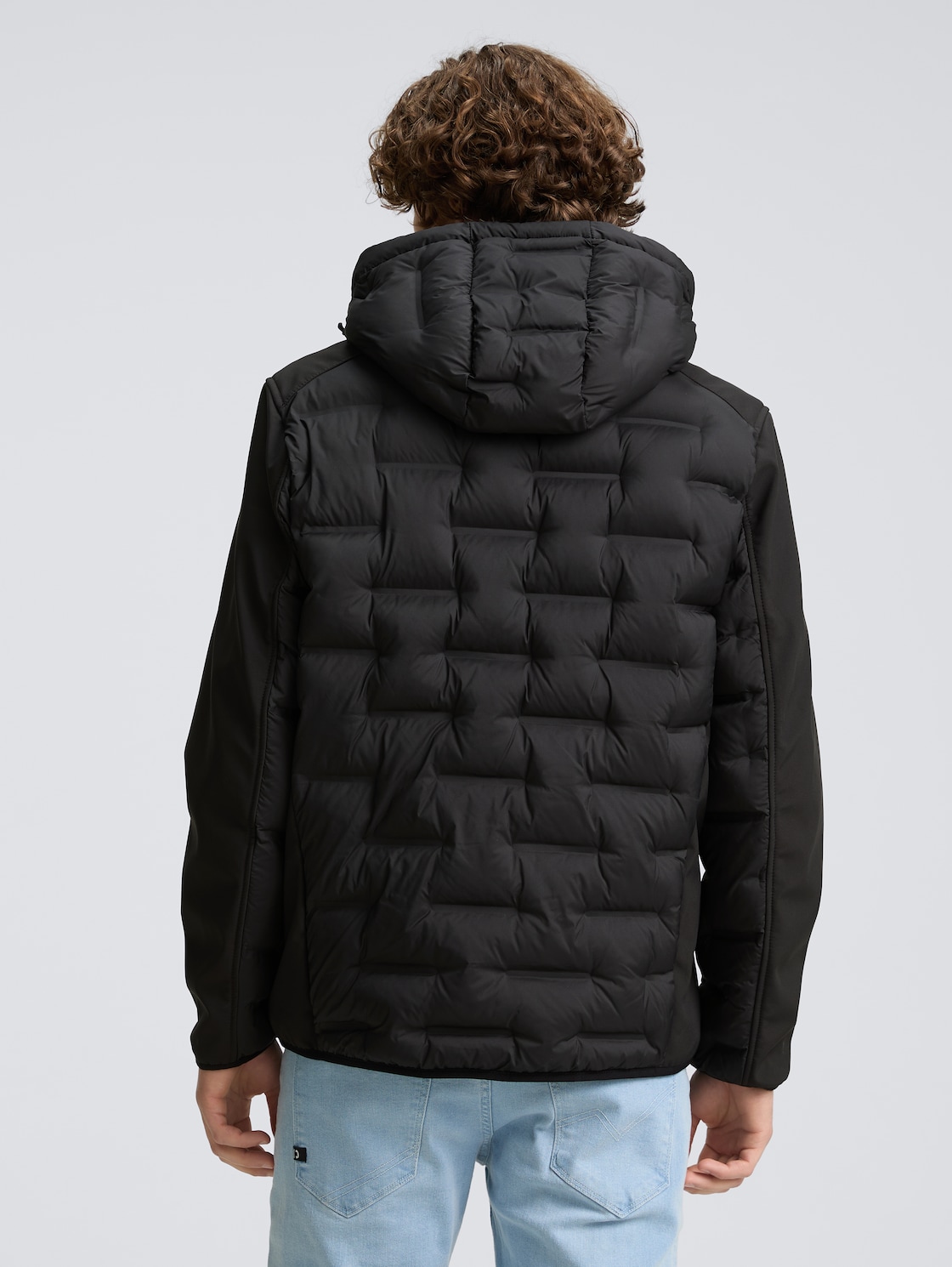 Thumbnail - TOM TAILOR DENIM Herren Hybrid Steppjacke mit Kapuze, schwarz, Uni, Gr. S