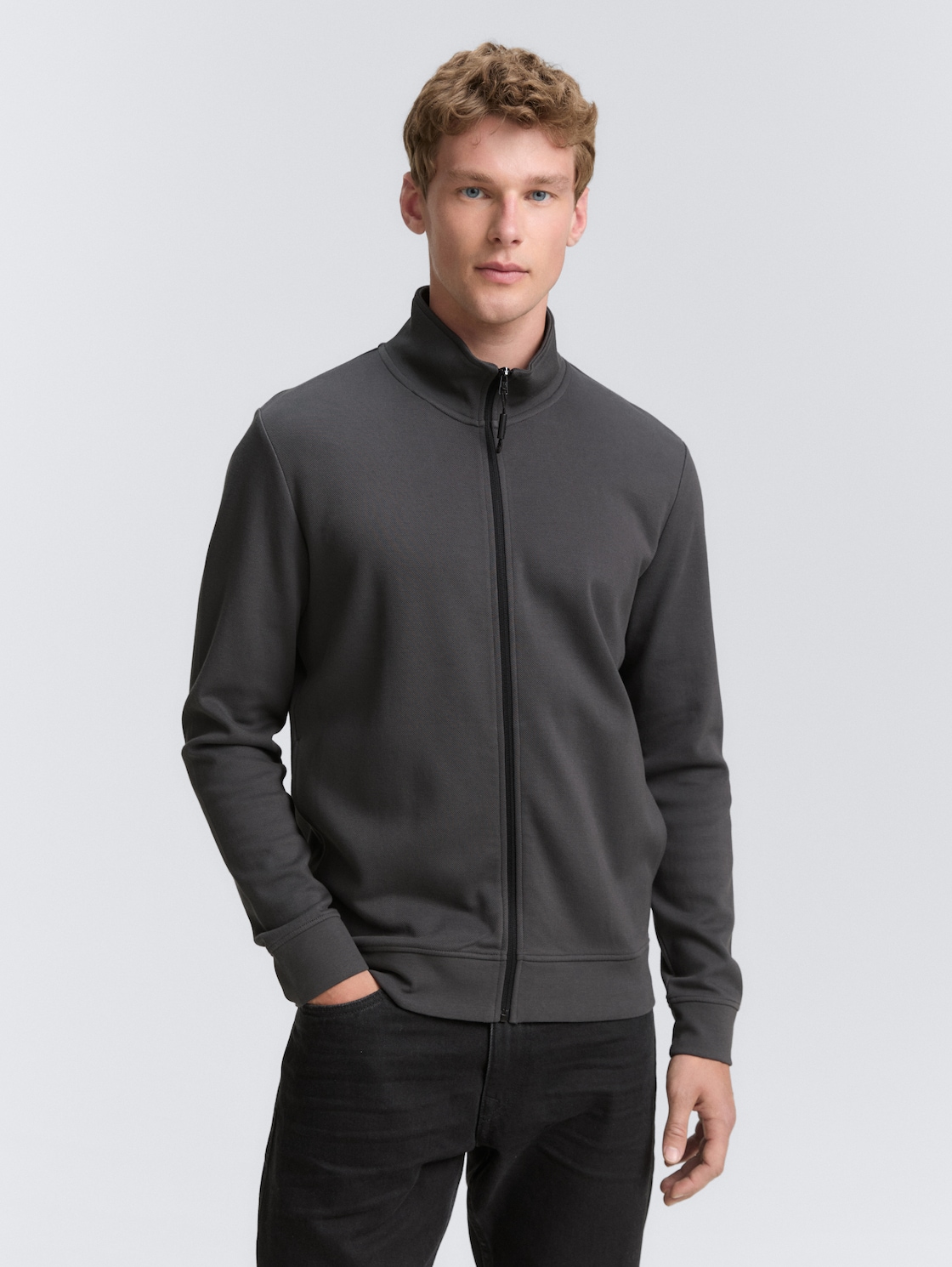 Thumbnail - TOM TAILOR DENIM Herren Piqué Sweatjacke mit Stehkragen, grau, Uni, Gr. M