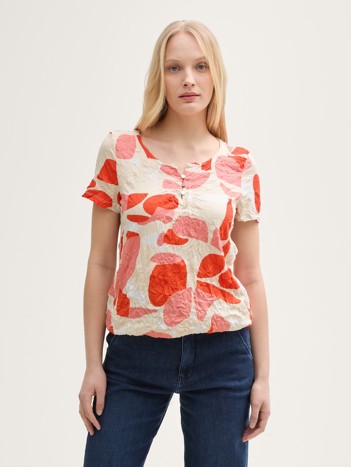Thumbnail - TOM TAILOR Damen Crinkle T-Shirt mit Muster, rot, Gemustert, Gr. L