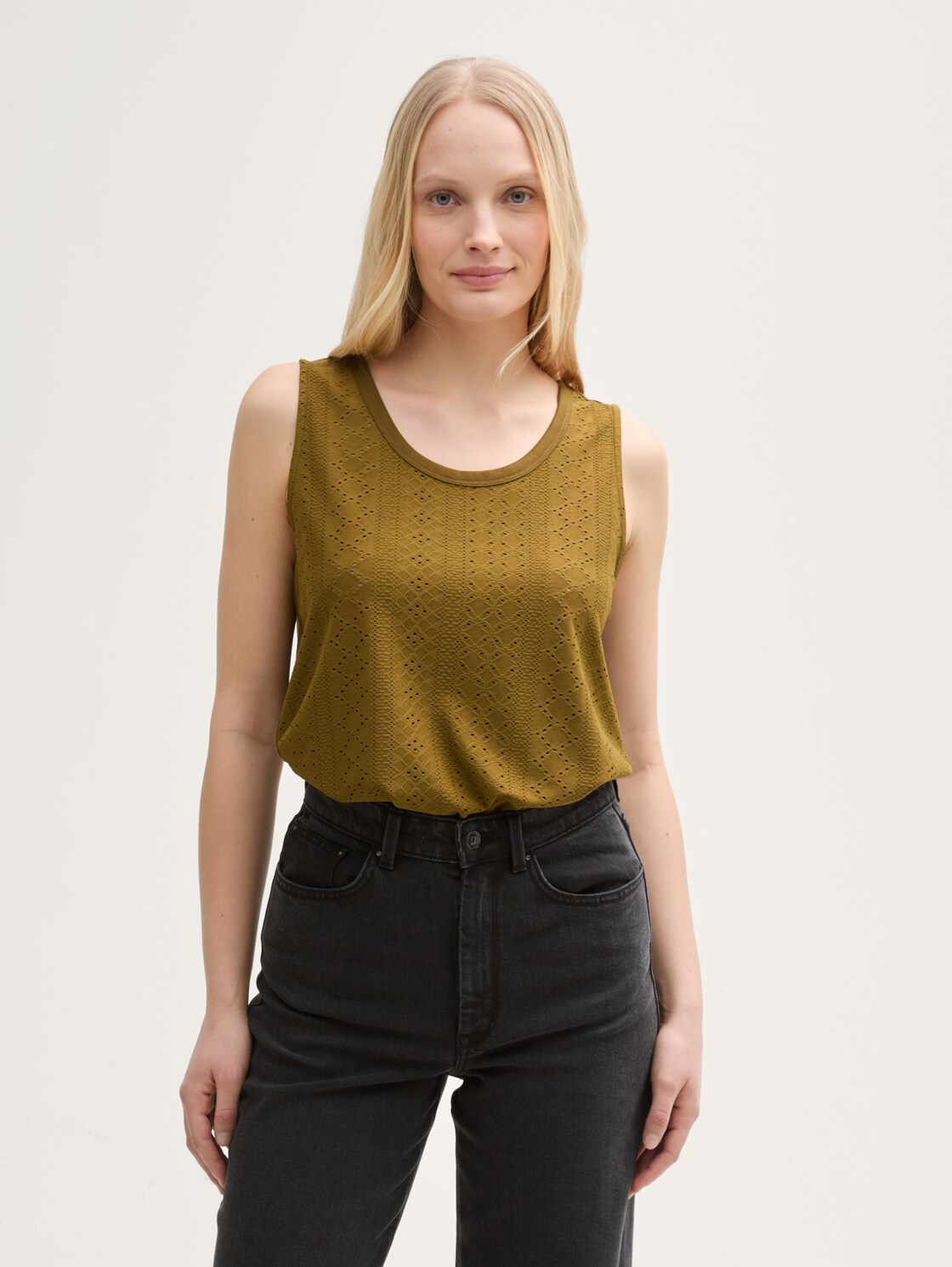 Thumbnail - TOM TAILOR Damen Ajour Top im Material-Mix, grün, Uni, Gr. M