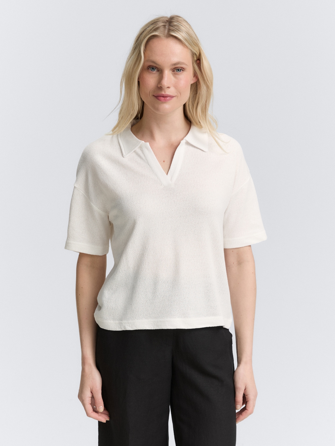 Thumbnail - TOM TAILOR Damen T-Shirt mit Polokragen, weiß, Uni, Gr. XL