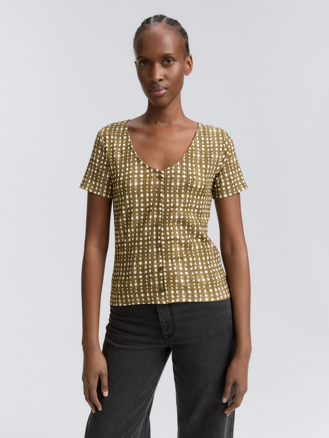 Thumbnail - TOM TAILOR DENIM Damen T-Shirt mit dekorativer Knopfleiste, grün, Gepunktet, Gr. XS