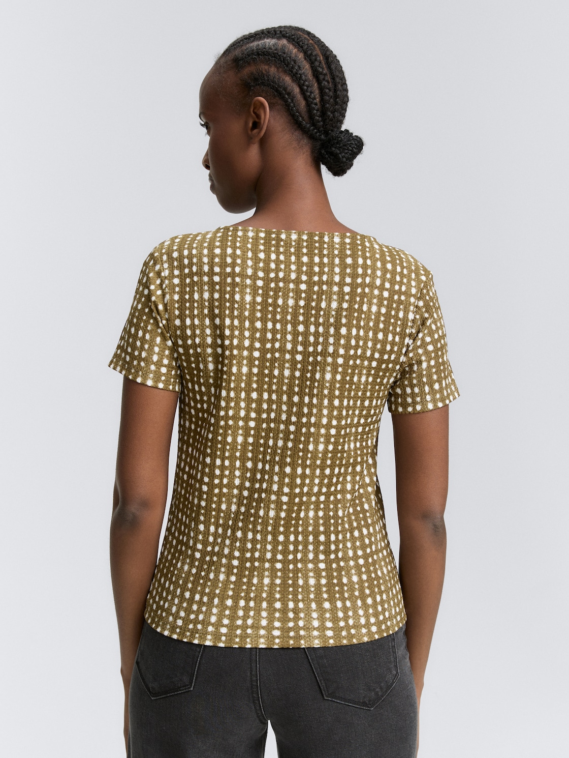 Thumbnail - TOM TAILOR DENIM Damen T-Shirt mit dekorativer Knopfleiste, grün, Gepunktet, Gr. XS