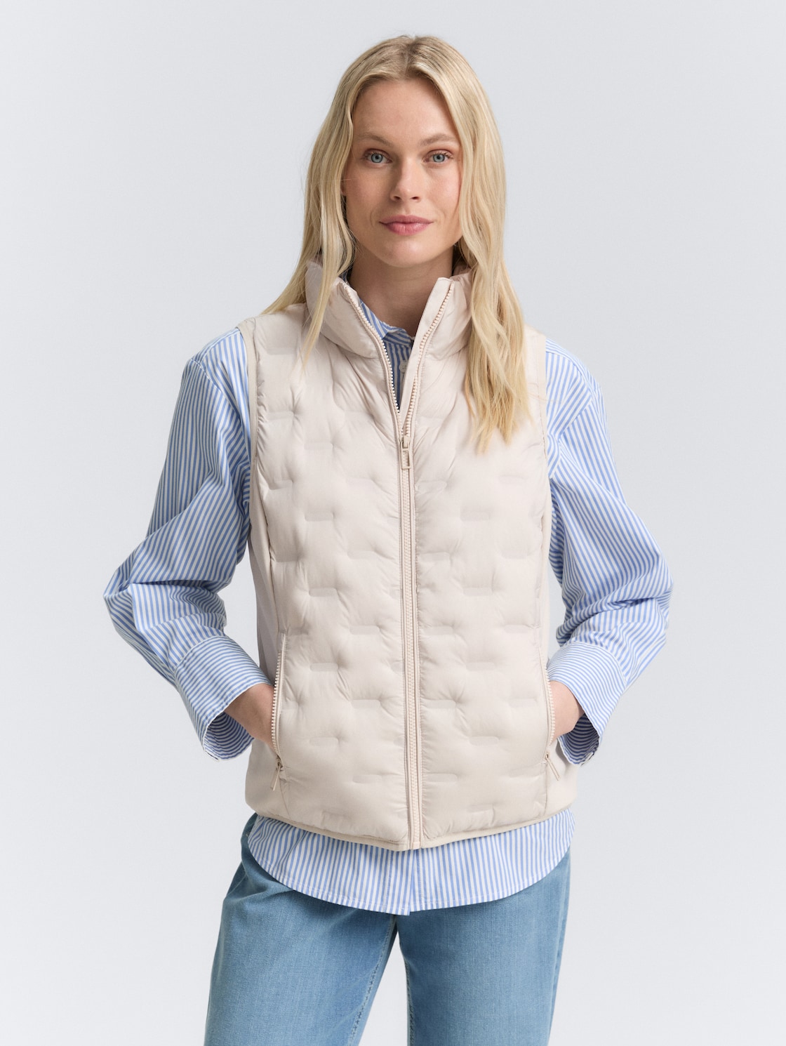 Thumbnail - TOM TAILOR Damen Lightweight Steppweste mit Stehkragen, weiß, Uni, Gr. L