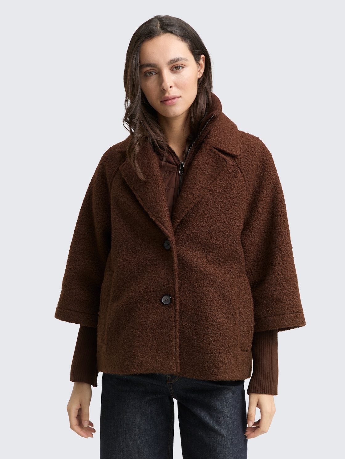 Thumbnail - TOM TAILOR Damen Bouclé Cape Jacke im 2-in-1-Look, braun, Uni, Gr. M