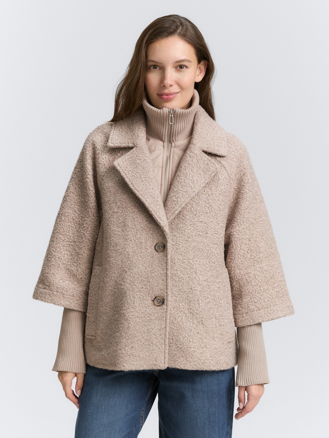 Thumbnail - TOM TAILOR Damen Bouclé Cape Jacke im 2-in-1-Look, beige, Meliert, Gr. L