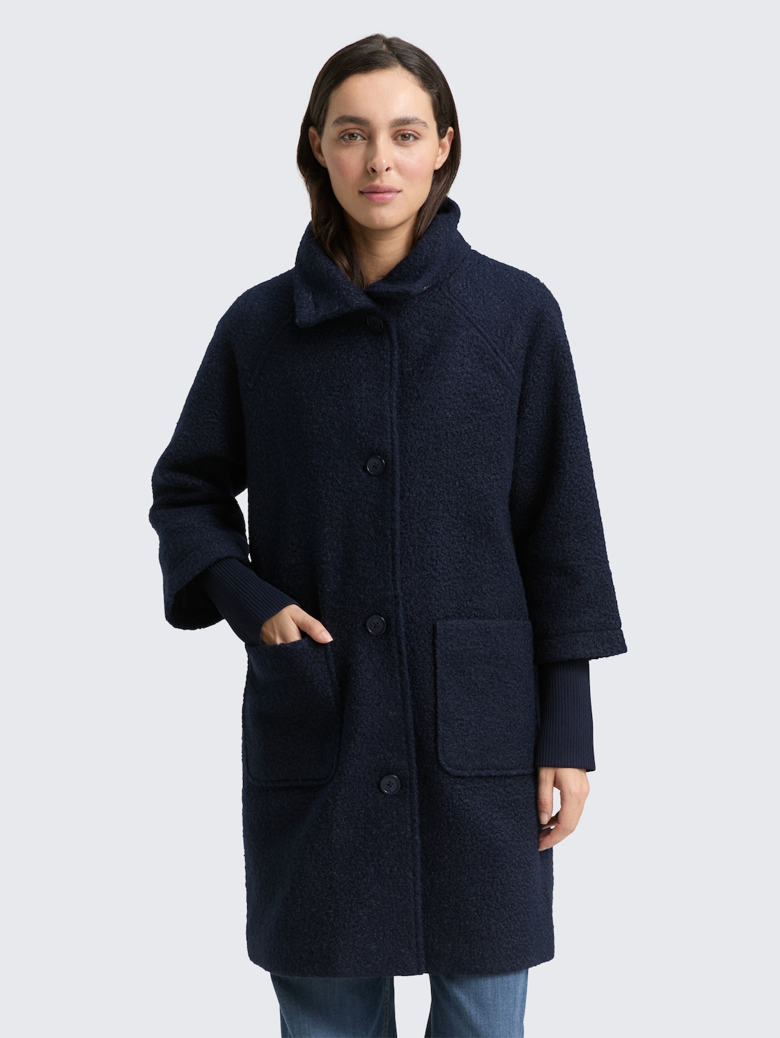 Thumbnail - TOM TAILOR Damen Bouclé Mantel mit Stehkragen, blau, Uni, Gr. S