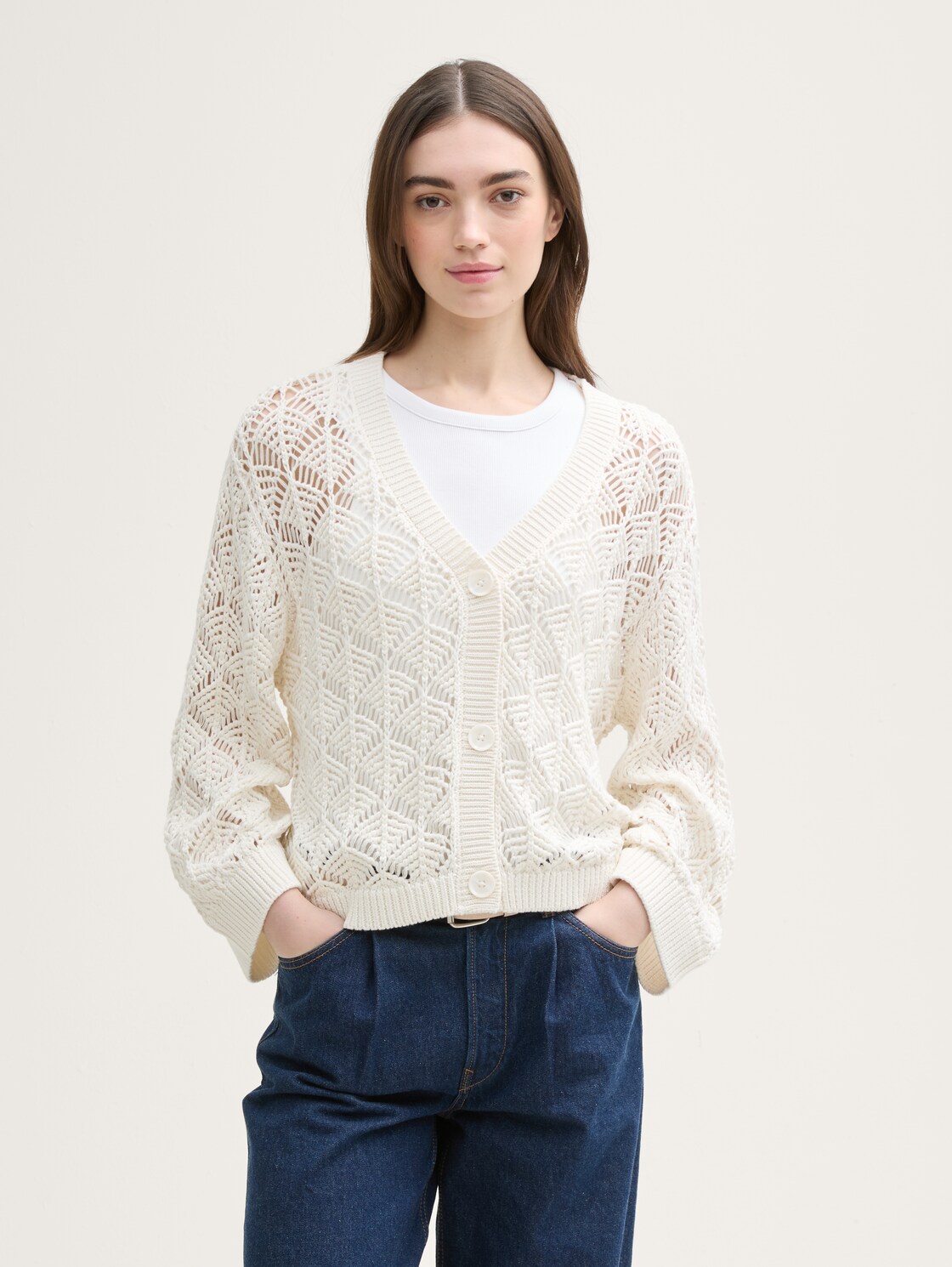 Thumbnail - TOM TAILOR DENIM Damen Relaxed Fit Cardigan mit Lochmuster, weiß, Uni, Gr. XS