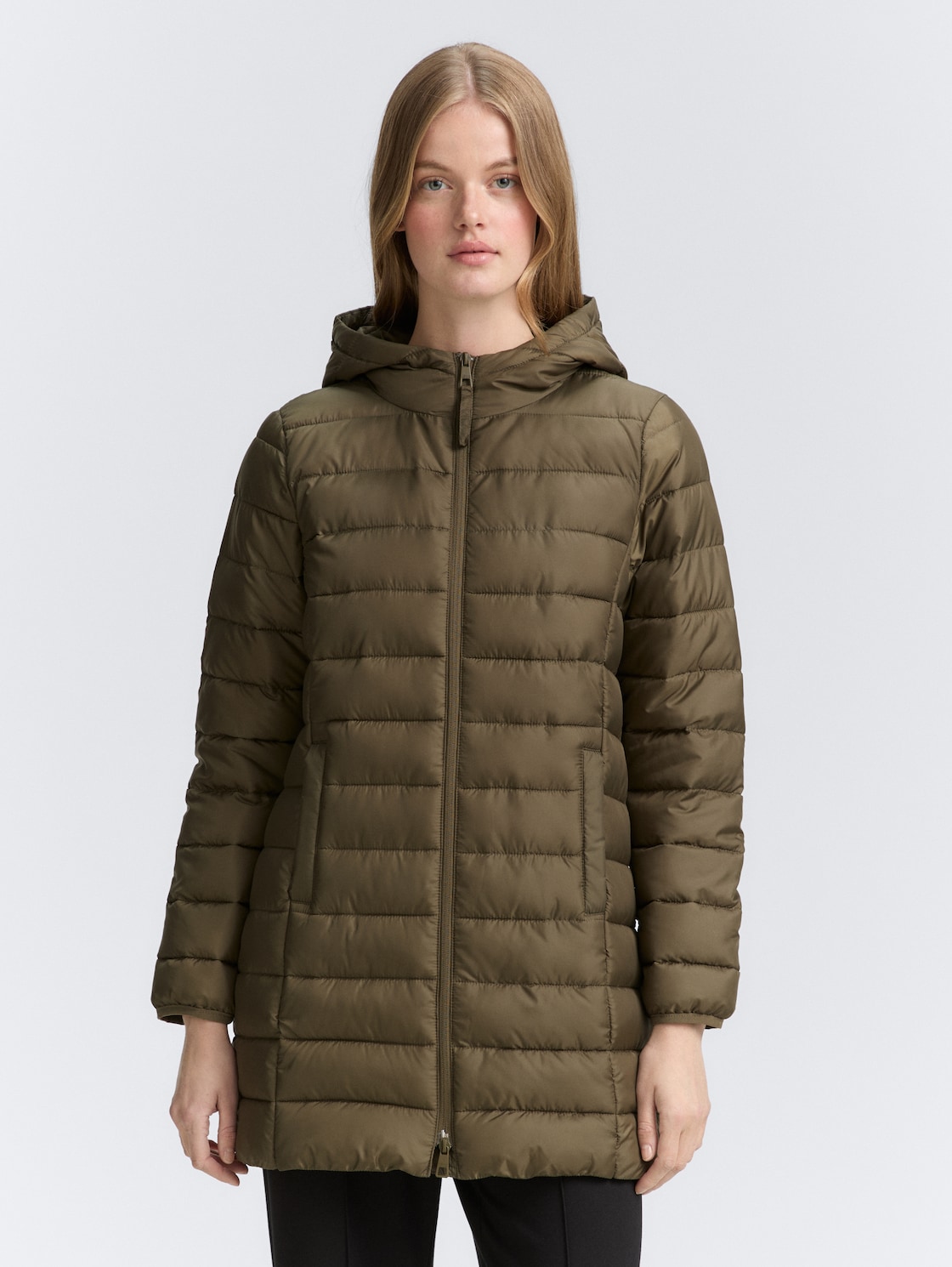 Thumbnail - TOM TAILOR DENIM Damen Lightweight Steppmantel mit Kapuze, grün, Uni, Gr. XS