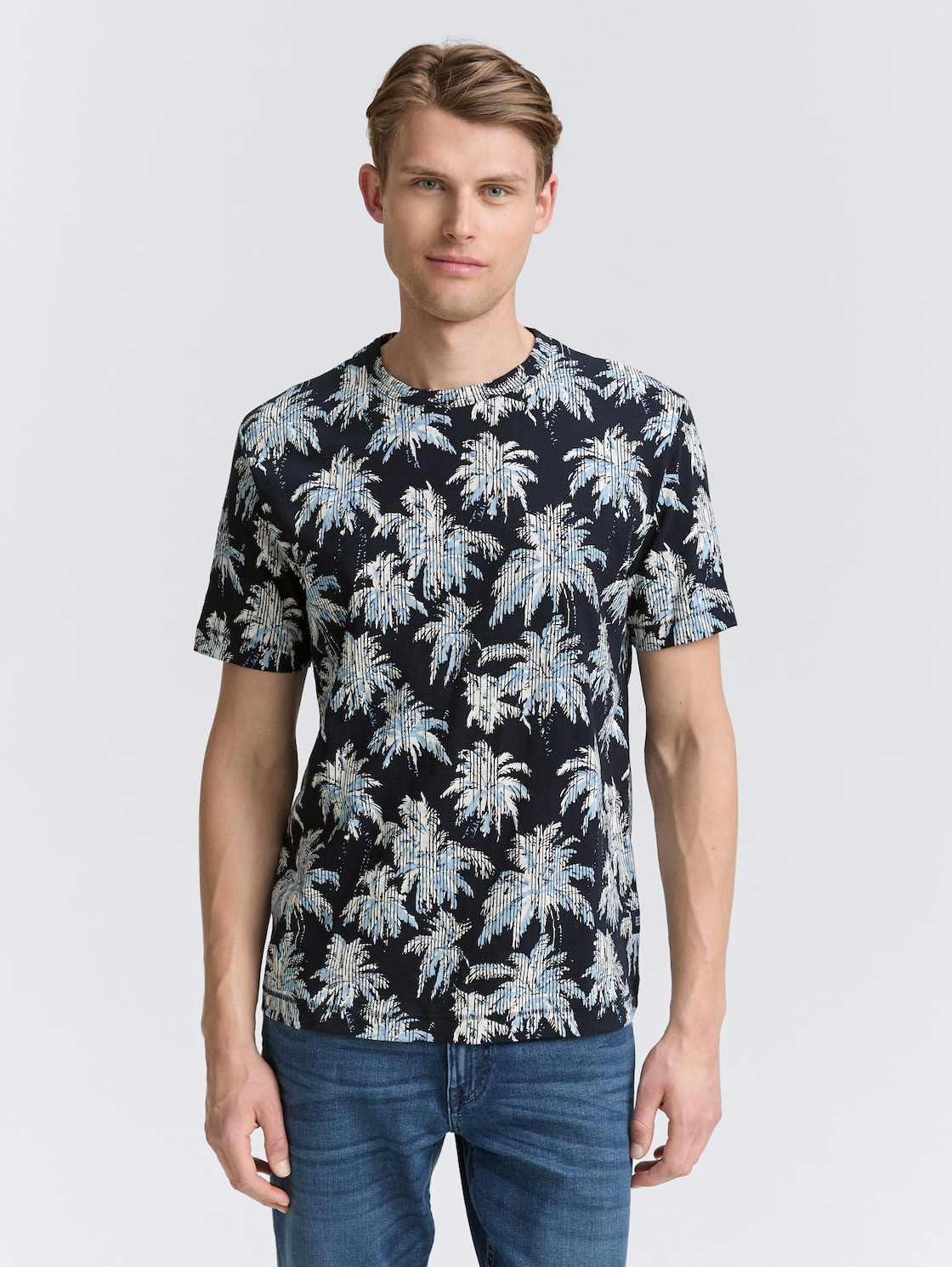 Thumbnail - TOM TAILOR Herren T-Shirt mit Palmen-Print, blau, Palmenprint, Gr. S