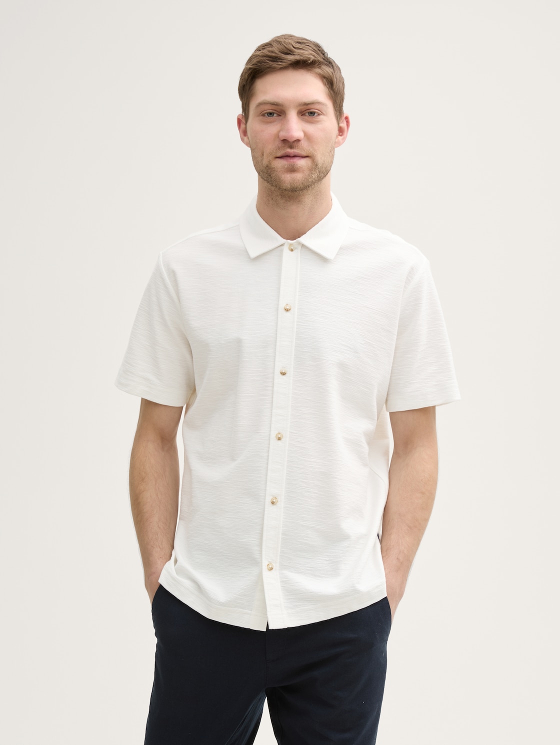 Thumbnail - TOM TAILOR Herren Regular Fit Kurzarmhemd aus Jersey, weiß, Uni, Gr. XL